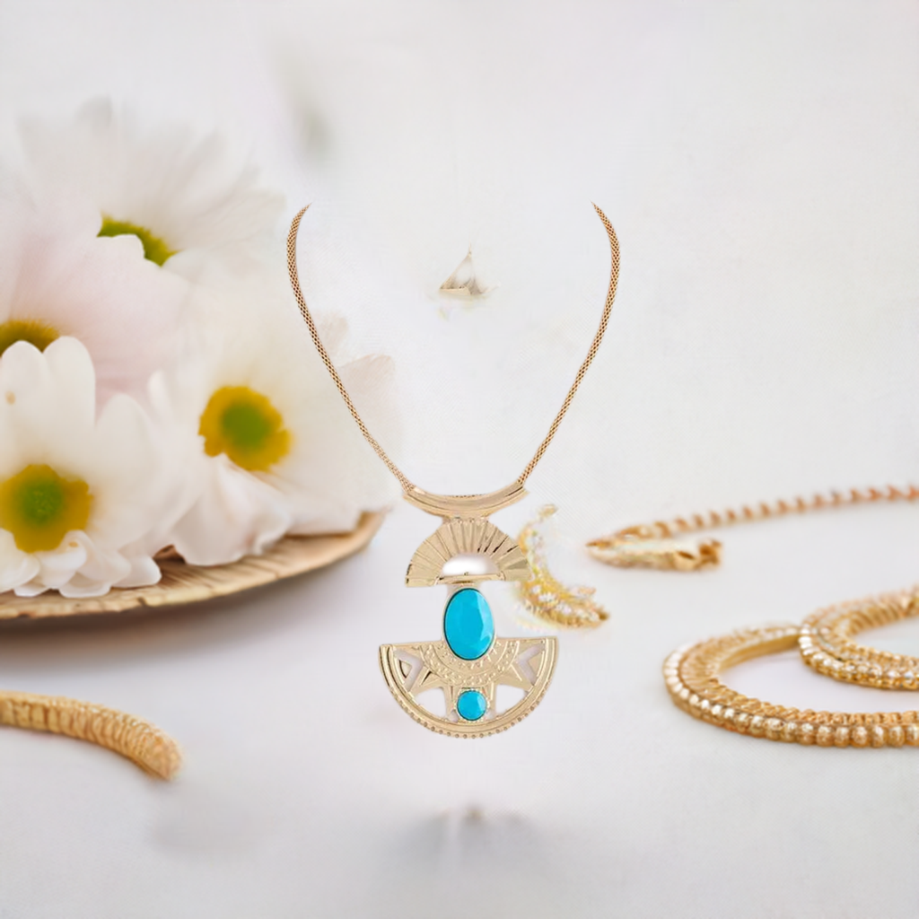 Turquoise and Gold Pendant Necklace Set for Women - 925 Sterling Silver Jewelry Gift for Her | Elegant Boho Chic Accessories for Parties, Weddings & Everyday Wear