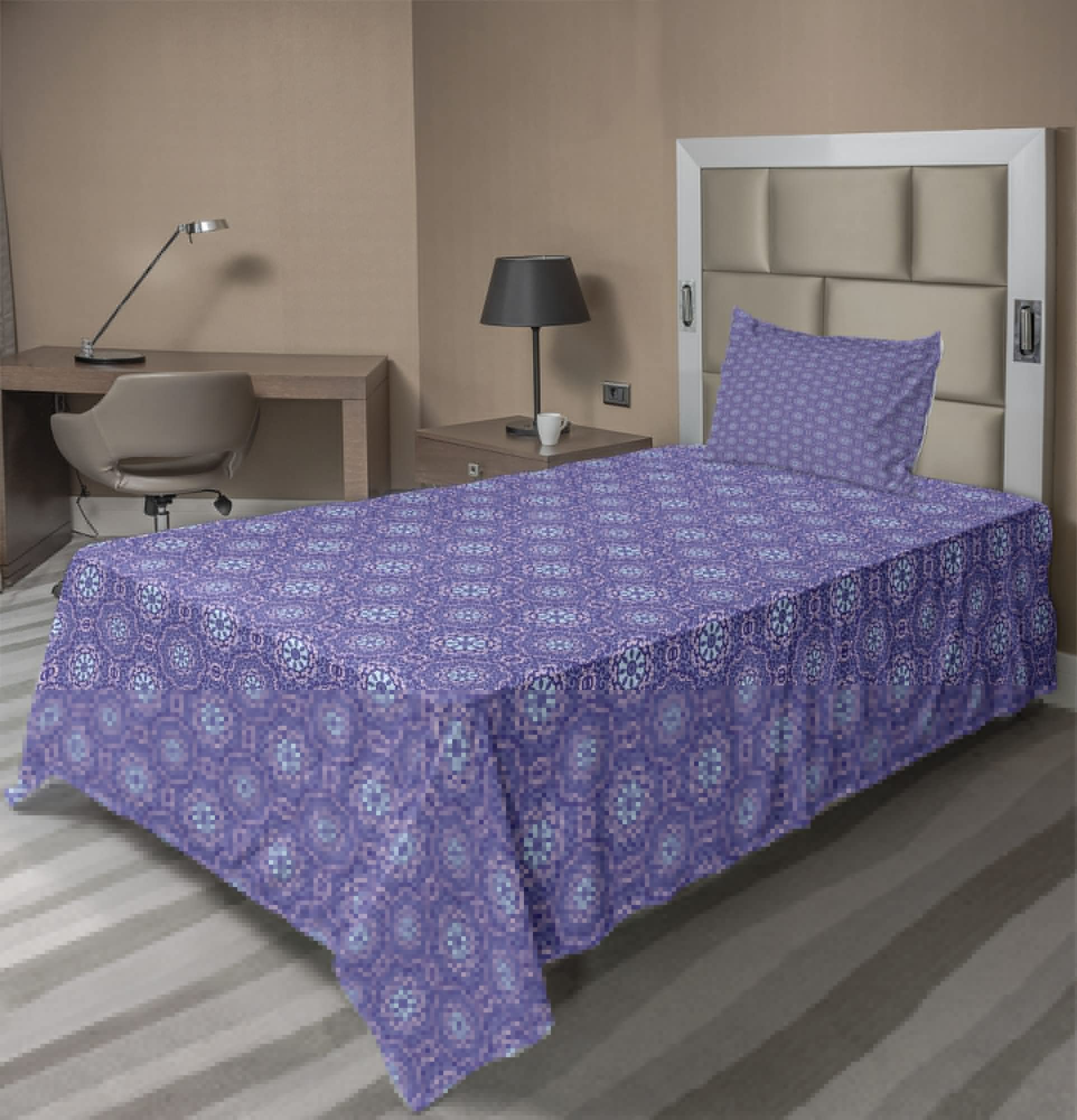 Ambesonne Oriental 3-Piece Sheet Set - Vibrant Curlicue & Medallion Motifs in Blue Violet Lavender - Twin Size Fitted & Flat Sheets with Pillowcase - Perfect for Guest Rooms, Dorms & Cozy Bedrooms