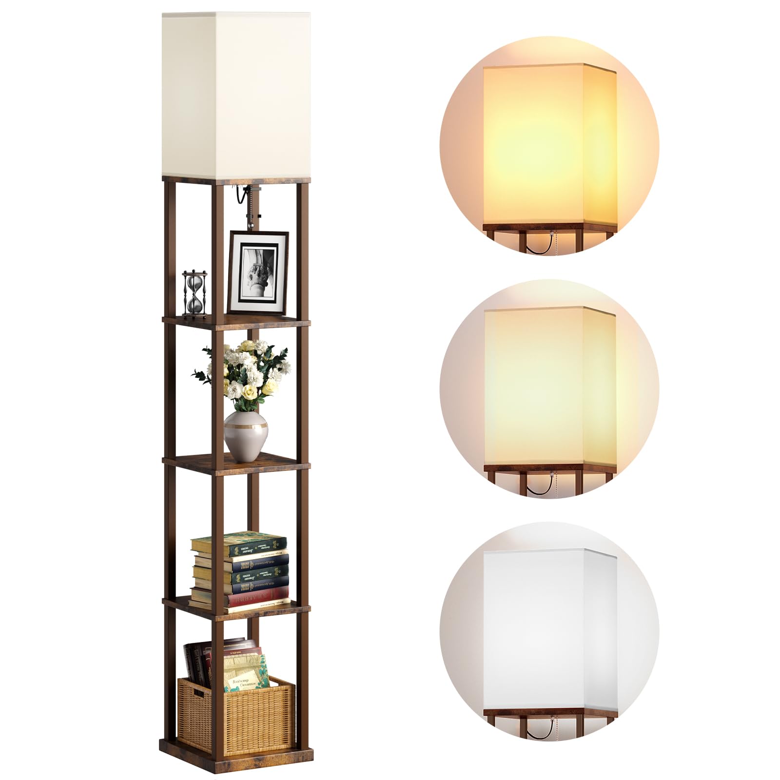 Addlon 5-Tier Modern Shelf Floor Lamp with 3CCT LED Bulb - Adjustable Brightness Wooden Display Lamp for Living Room, Bedroom, Office - Brown - Perfect for Reading, Decor & Small Space Storage