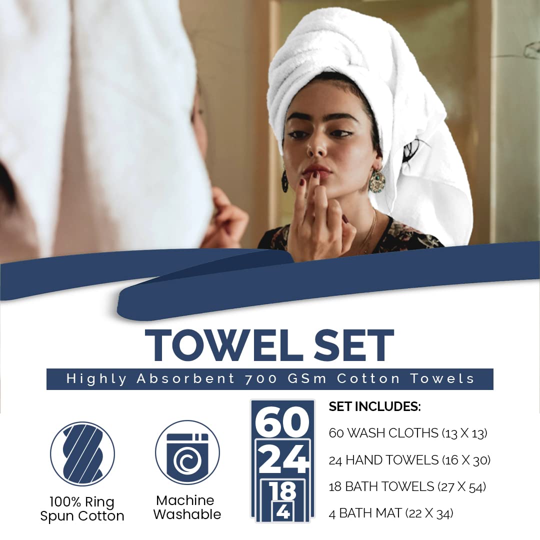 Belem Luxury 102-Piece Cotton Towel Set - 18 Bath, 24 Hand & 60 Wash Towels for Home & Spa