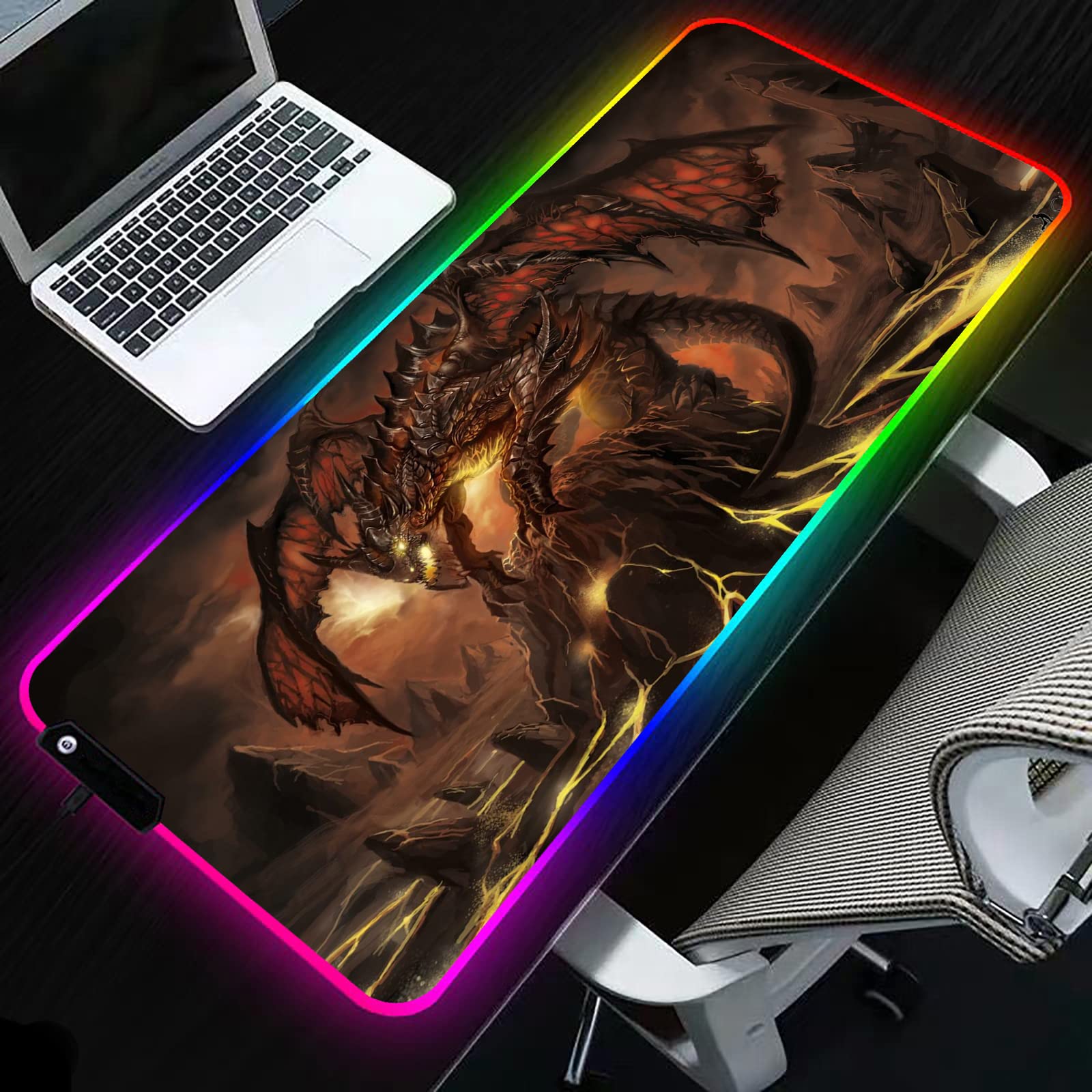 RGB Gaming Mouse Pad - Large 23.6x11.8 Inch LED Mousepad with Fantasy Demon Dragon Design, Non-Slip Desk Mat for Computer Keyboard & Mouse - Perfect for Gaming Setup, Office Work & Home Use