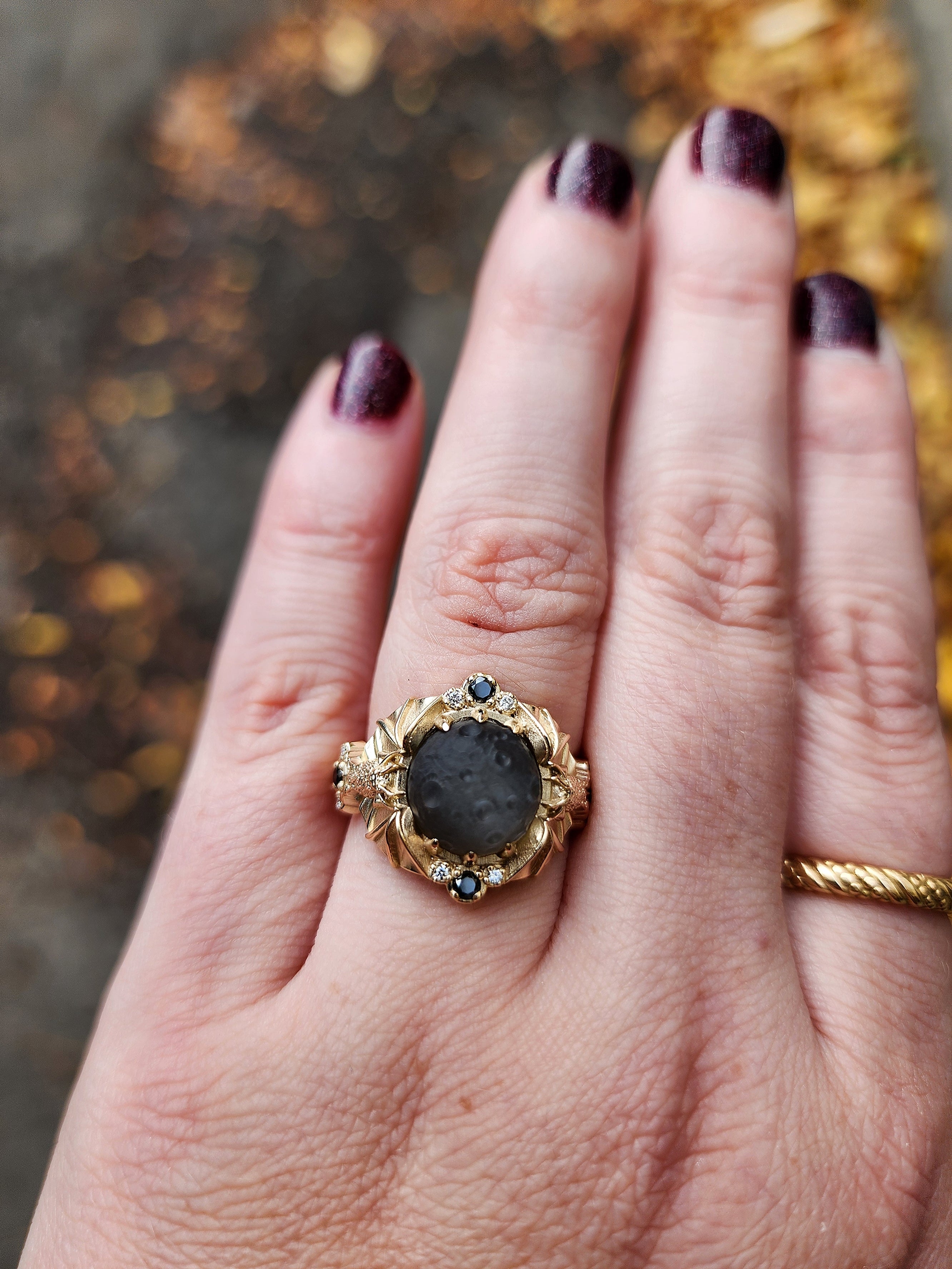 Dark Fantasy Gothic Victorian Style Moonstone Ring Set with Vampire Bats - Carved Gray Moonstone with Black & White Diamonds - Perfect for Halloween, Gothic Weddings & Vampire-Themed Parties