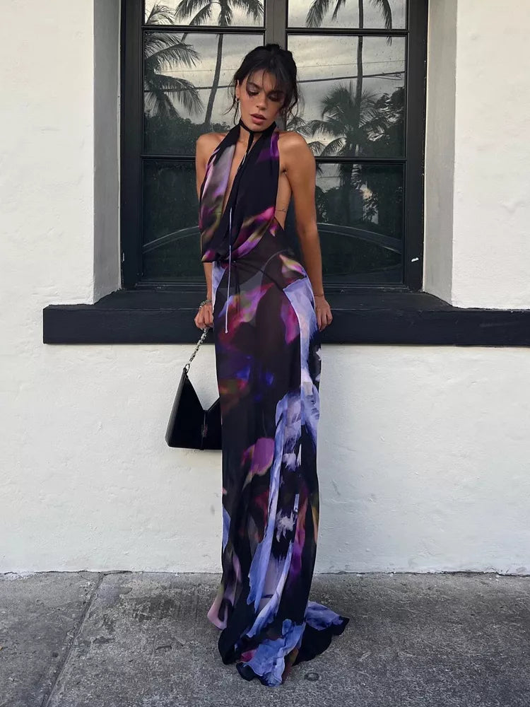 Sexy Purple Print Backless Maxi Dress for Women - Halter Bodycon Summer Beach Dress, Elegant Sleeveless Club Party Outfit 2022 | Perfect for Beach Vacations, Night Parties & Date Nights