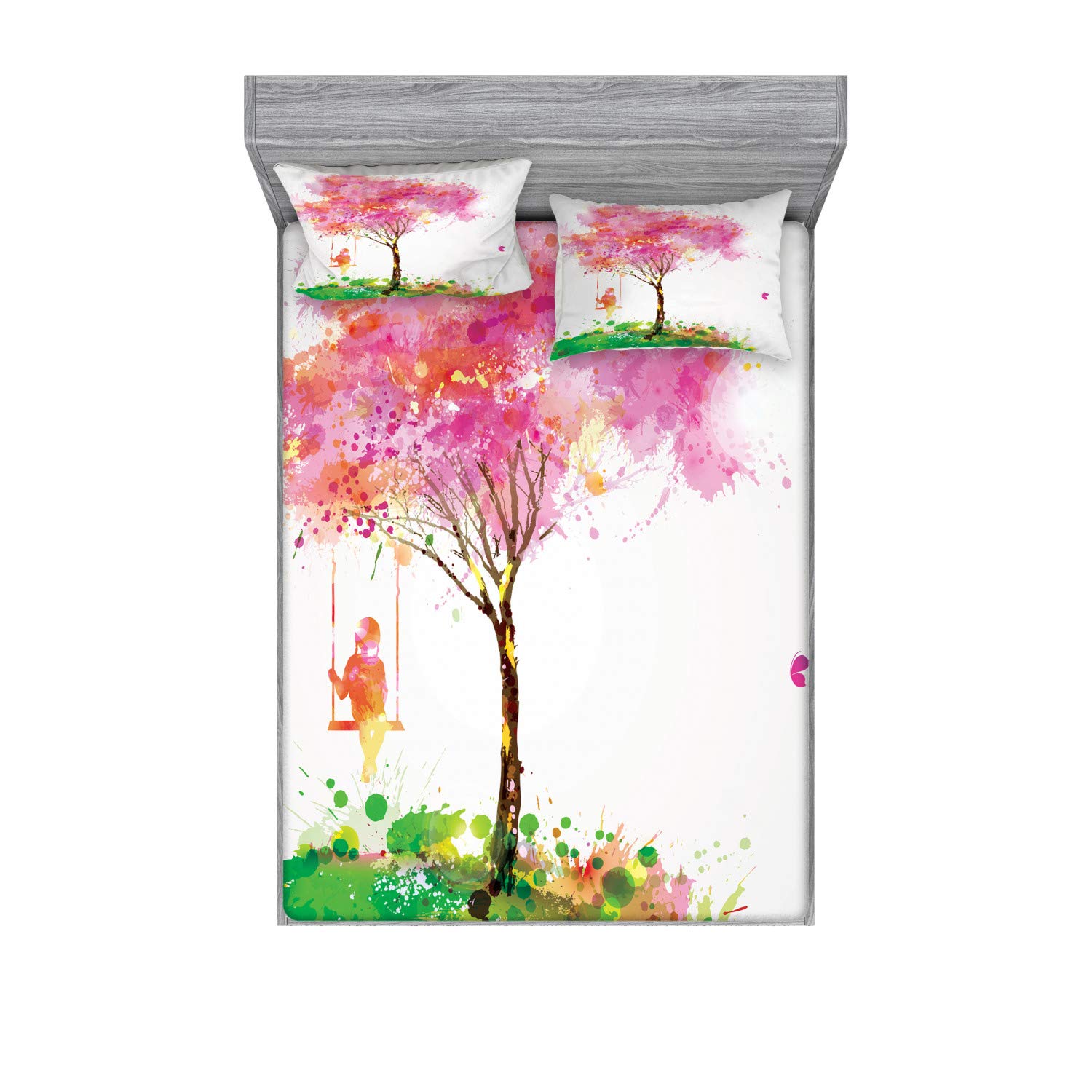 Ambesonne 3-Piece Spring Floral Bedding Set - Full Size Fitted Sheet & Pillow Shams, Watercolor Blossoming Tree & Girl on Swing Design, Soft Printed Cotton Decor for Bedroom, Perfect for Spring Refresh & Childhood Nostalgia