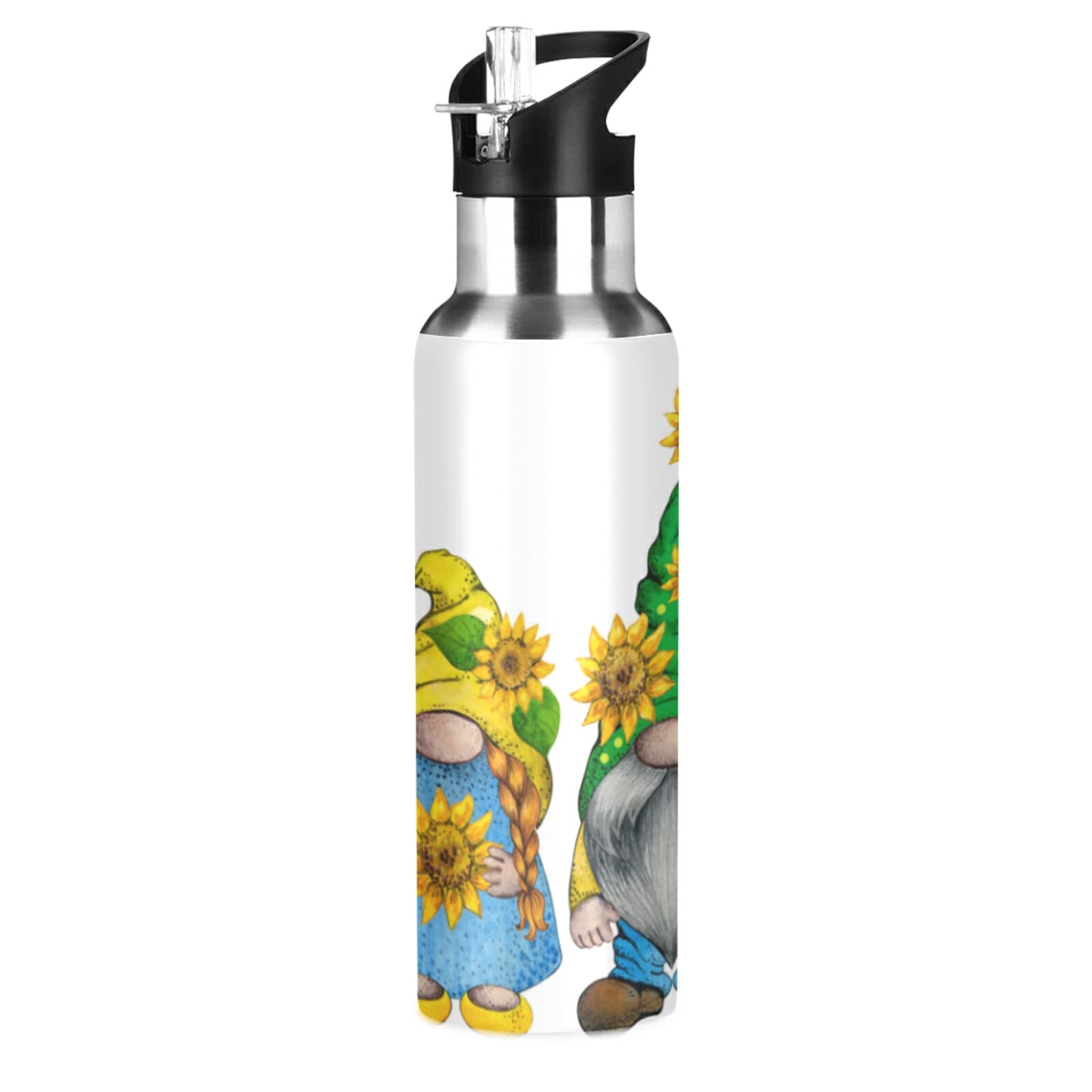 Xigua Watercolor Gnome in Hat with Sunflower 22oz Stainless Steel Water Bottle - BPA Free, Leak Proof with Straw for Sports, Hiking, Biking & Outdoor Activities - Perfect for Gym, Work & Travel