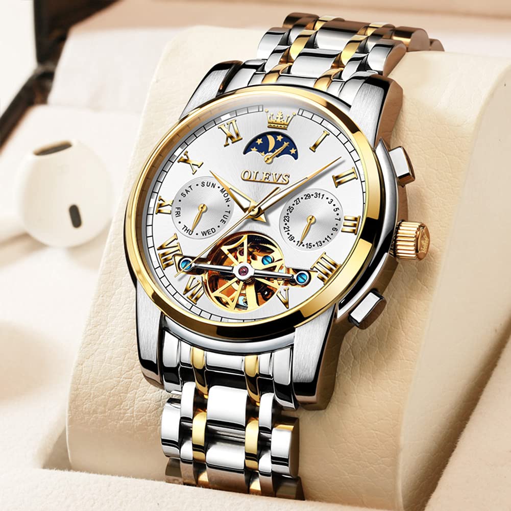 OLEVS Men's Automatic Mechanical Tourbillon Watch - Self-Winding Luxury Stainless Steel Waterproof Wristwatch with Luminous Hands & Date Display - Perfect for Business, Formal Events & Everyday Wear