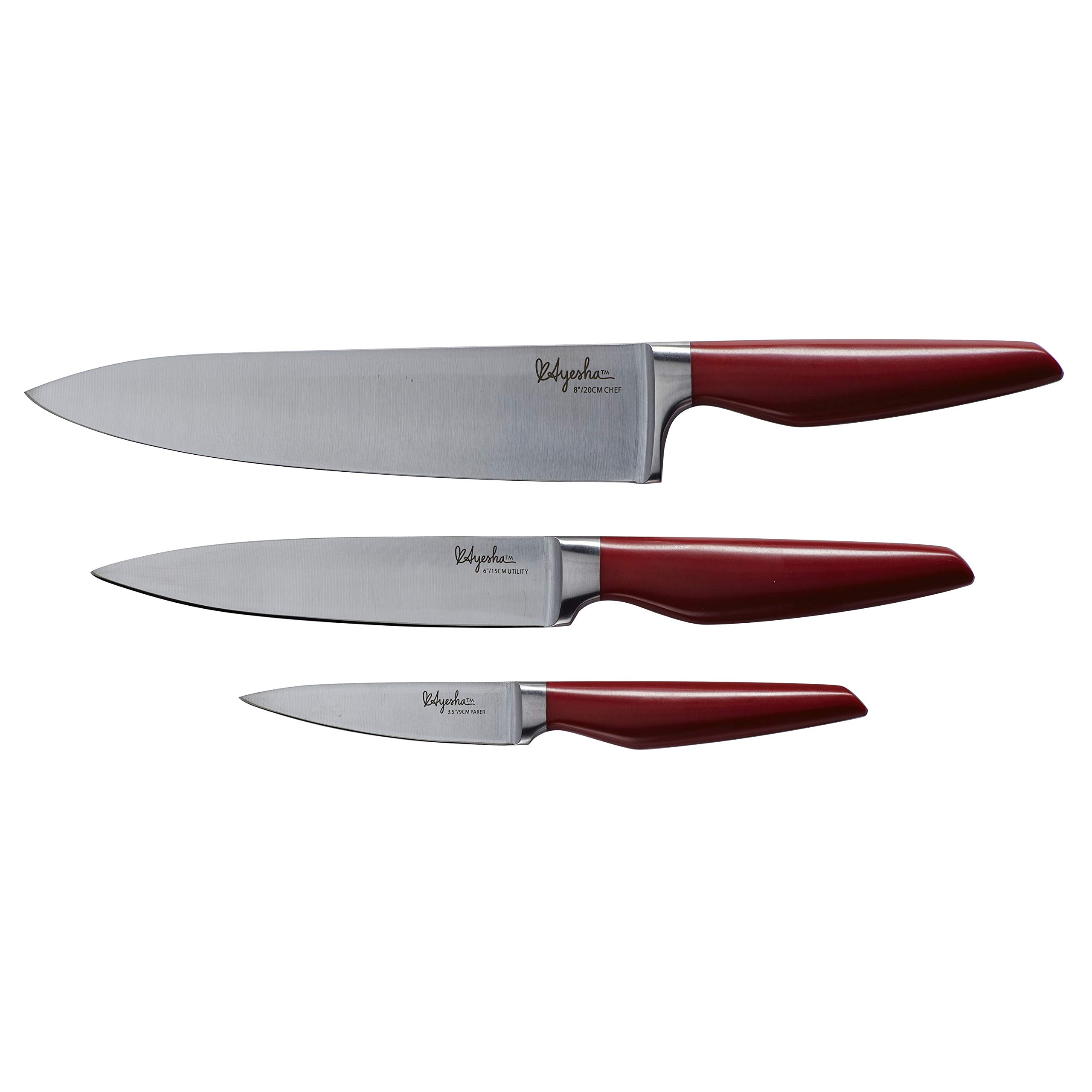 Ayesha Curry Nonstick Cookware Set & Japanese Stainless Steel Knife Set Bundle - 9-Piece Pots & Pans + 3-Piece Knives with Sheaths (Sienna Red) - Perfect for Home Cooking, Professional Chefs & Kitchen Enthusiasts