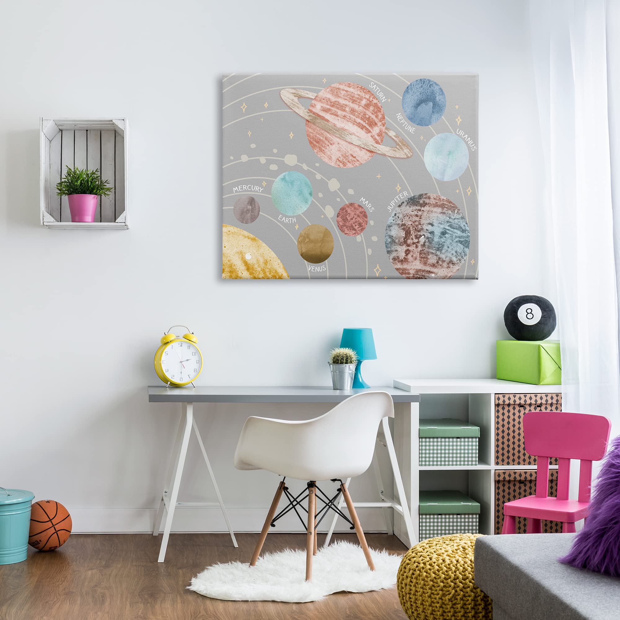 Stupell Industries Kids' Outer Space Planets Abstract Solar System Canvas Wall Art - 48x36 Grey - Designed by Daphne Polselli - Perfect for Nursery, Kids Room & Classroom Decor