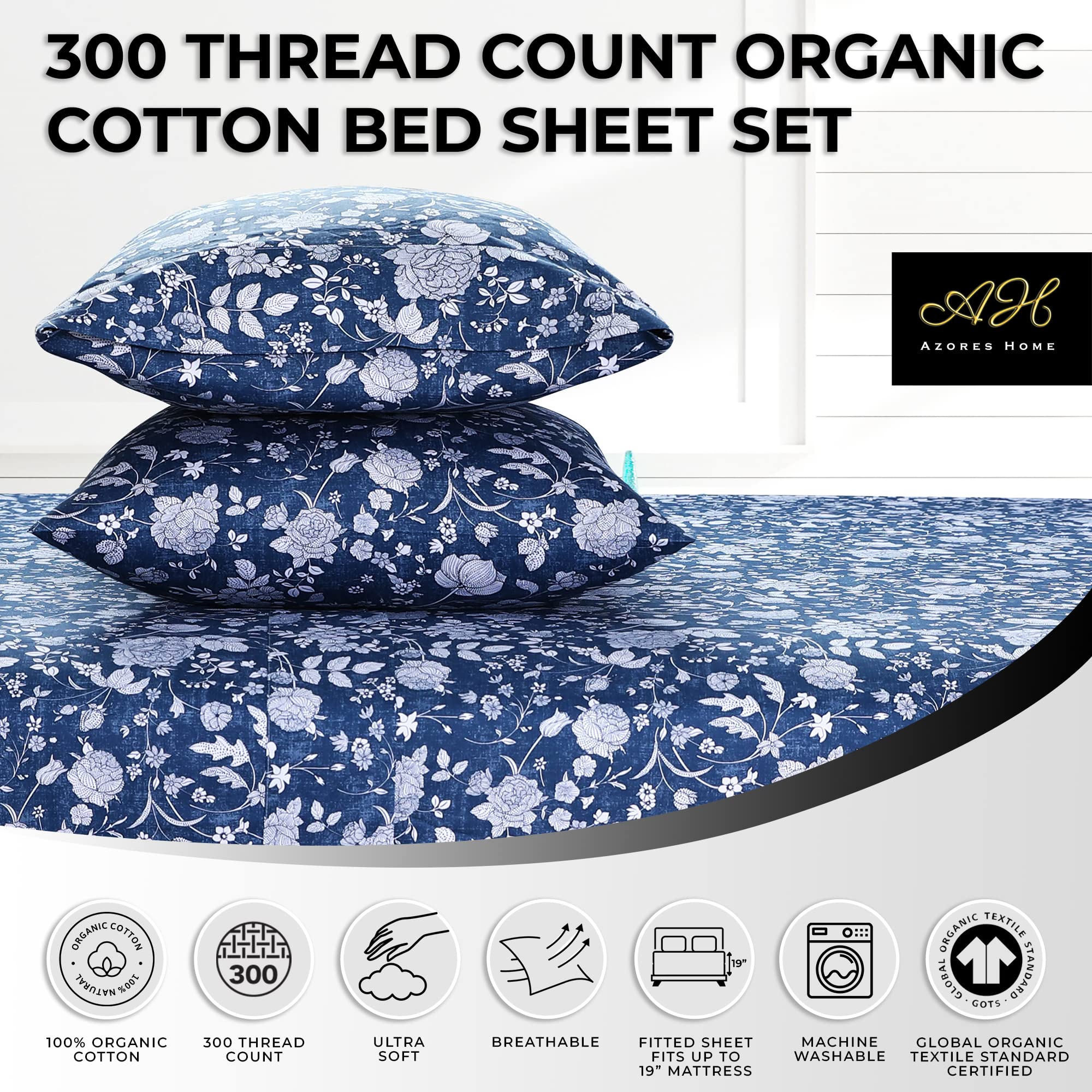 Azores 300 Thread Count Organic Cotton Deep Pocket Bed Sheet Set - Twin XL, Fits Mattress up to 19