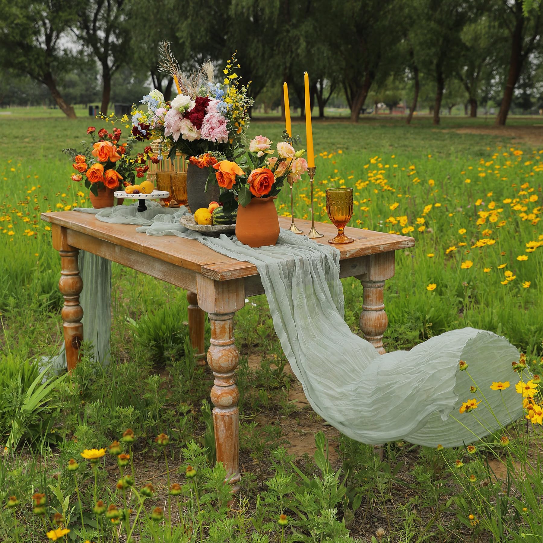 Elegant Green Cheesecloth Table Runner 13.3FT - Christmas Decorations, Forest Wedding Decor, Baby Shower & Party Centerpiece - Perfect for Holiday Tablescapes, Rustic Weddings & Special Event Decorations