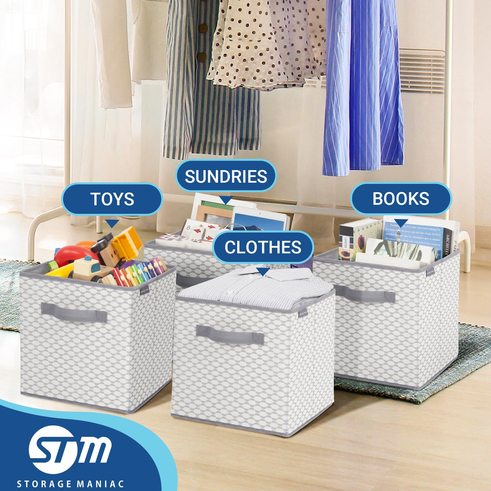 STORAGE MANIAC 6-Pack Collapsible Fabric Storage Bins with Handles - Foldable Organizer Cubes for Closet, Shelves, Office & Toy Storage - Durable 11-Inch Lattice Design - Perfect for Home Organization & Kids Room Storage