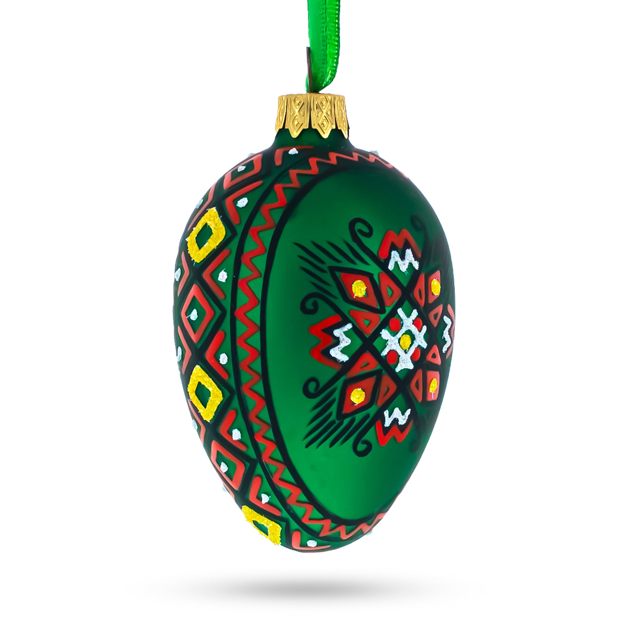 Handmade Green Geometric Ukrainian Egg Glass Christmas Ornament - 4 Inch Holiday Tree Decoration for Xmas, Easter & Home Décor