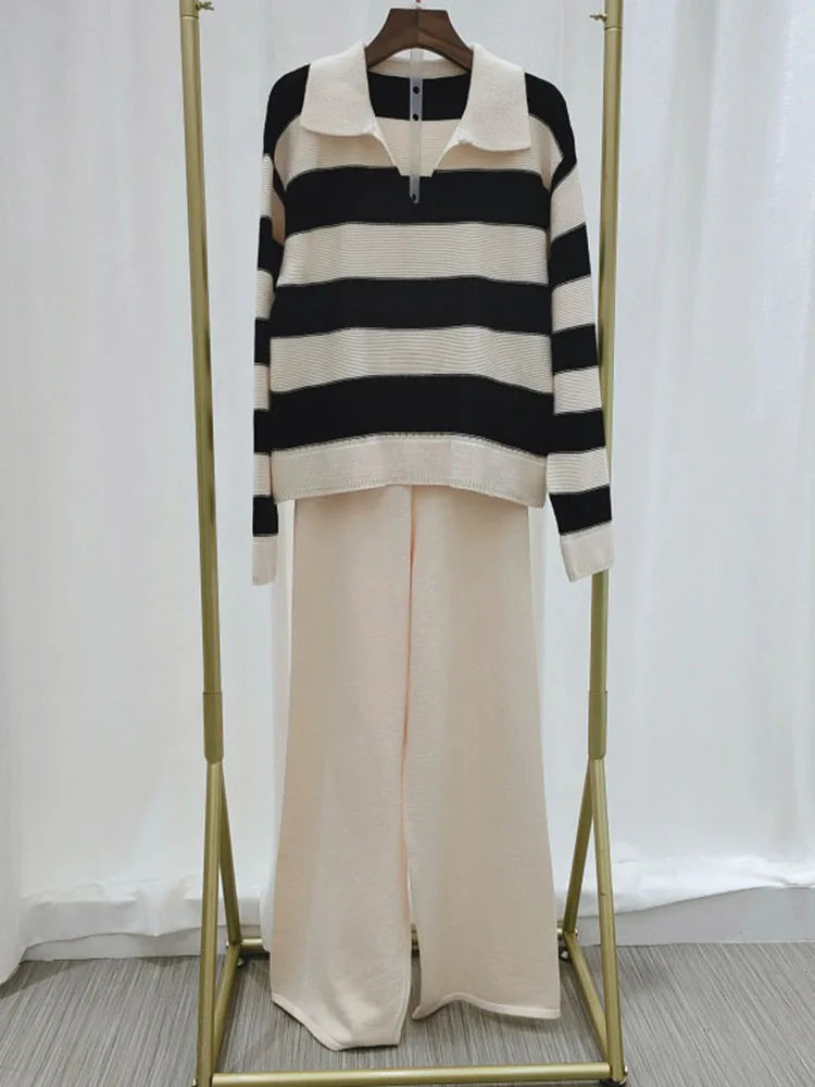 Big Size Loose Knit 2 Piece Set - Lapel Striped Long Sleeve Sweater & High Waist Pant Suit for Women | 2023 Autumn Winter Fashion | Plus Size Outfit for Work, Office & Casual Wear