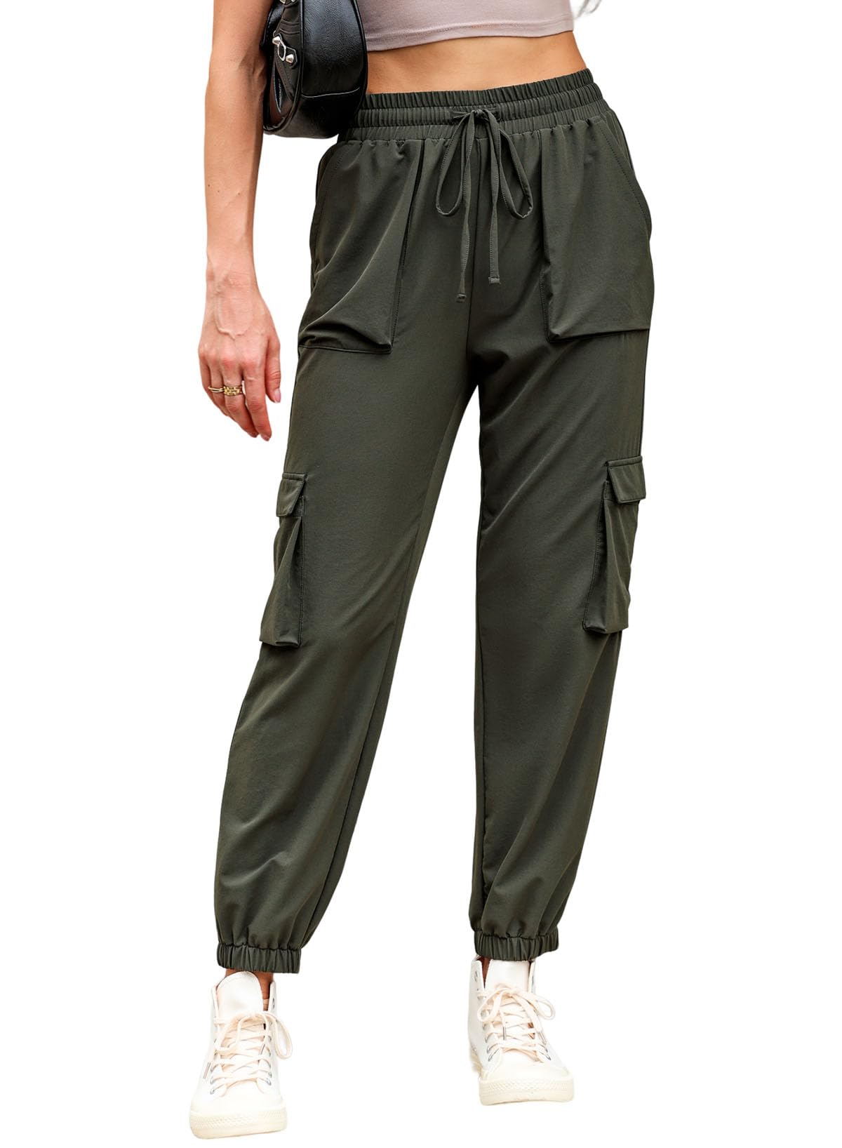 EVALESS Women's High Waisted Cargo Jogger Pants - Elastic Drawstring Waist, Loose Fit Casual Pants with Pockets | Perfect for Streetwear, Workout & Everyday Comfort