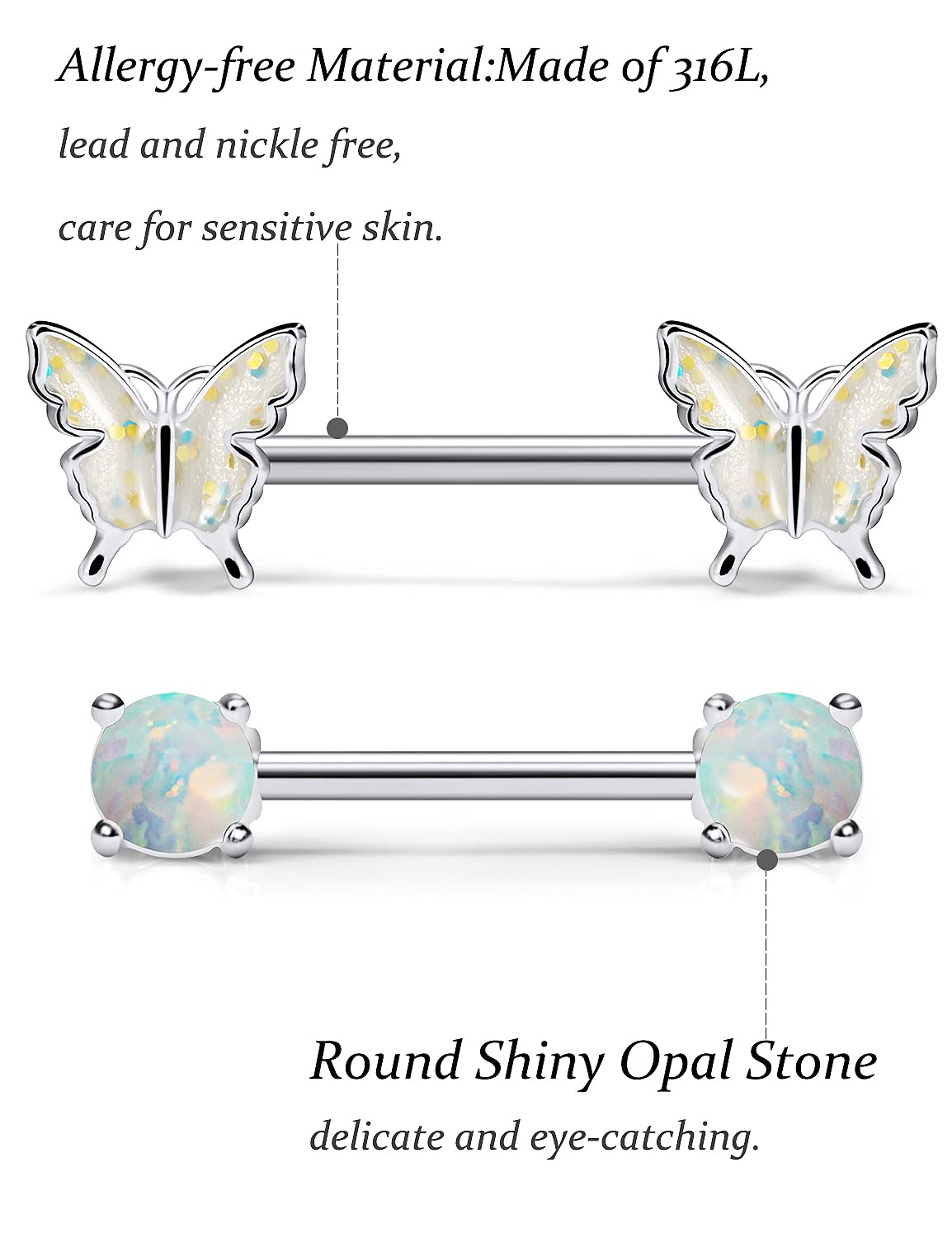 Vsnnsns 14G Stainless Steel Butterfly Nipple Rings with Opal - Surgical Steel Straight Bar Barbell Piercing Jewelry for Women (3 Pairs) - Perfect for Body Piercing, Everyday Wear & Unique Style