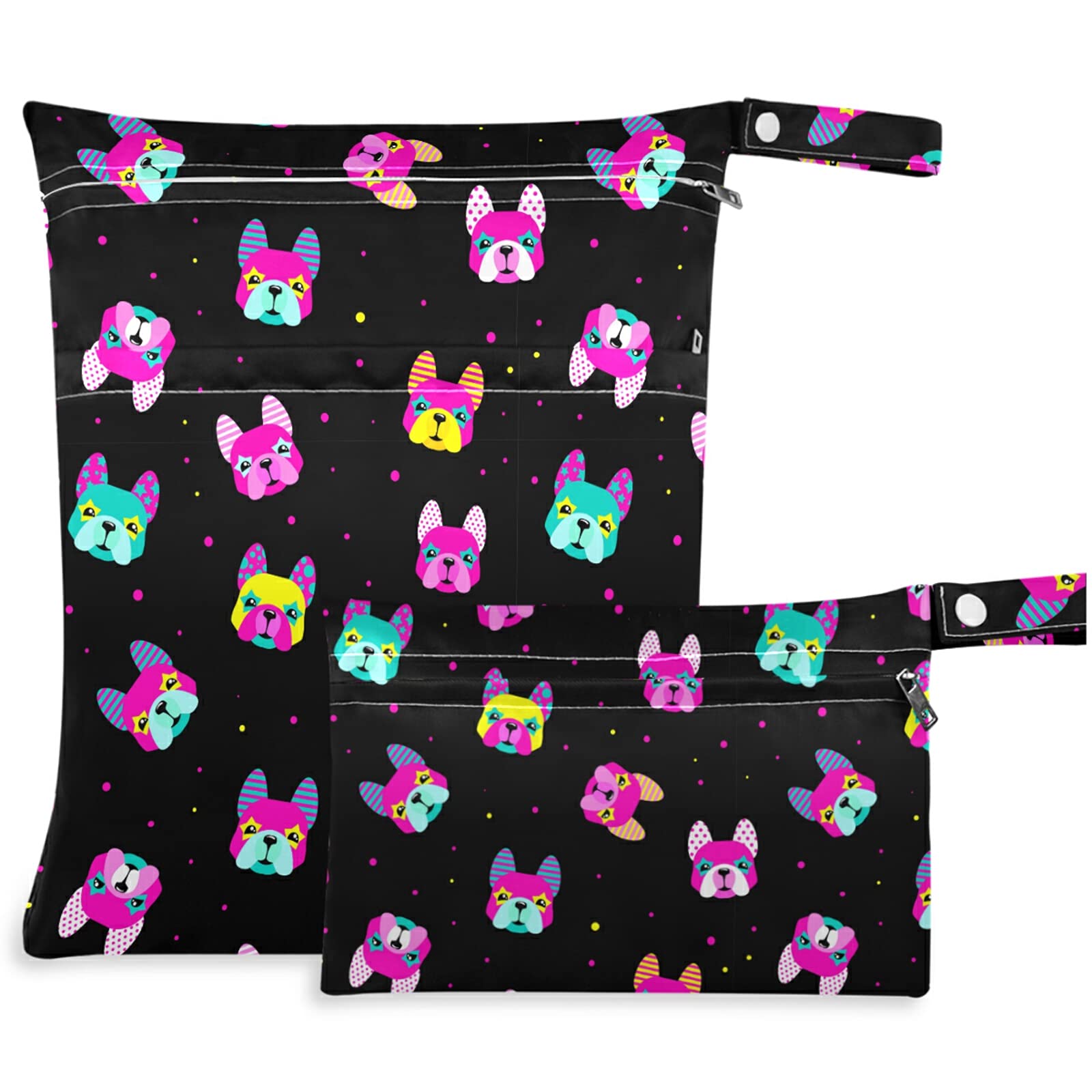 Colorful Bulldog Print 2-Piece Wet Bag Set with Zippered Pockets - Washable & Reusable Diaper Bag for Travel, Beach, Daycare | Perfect for Strollers, Gym Clothes, Swimsuits & Toiletries Organization