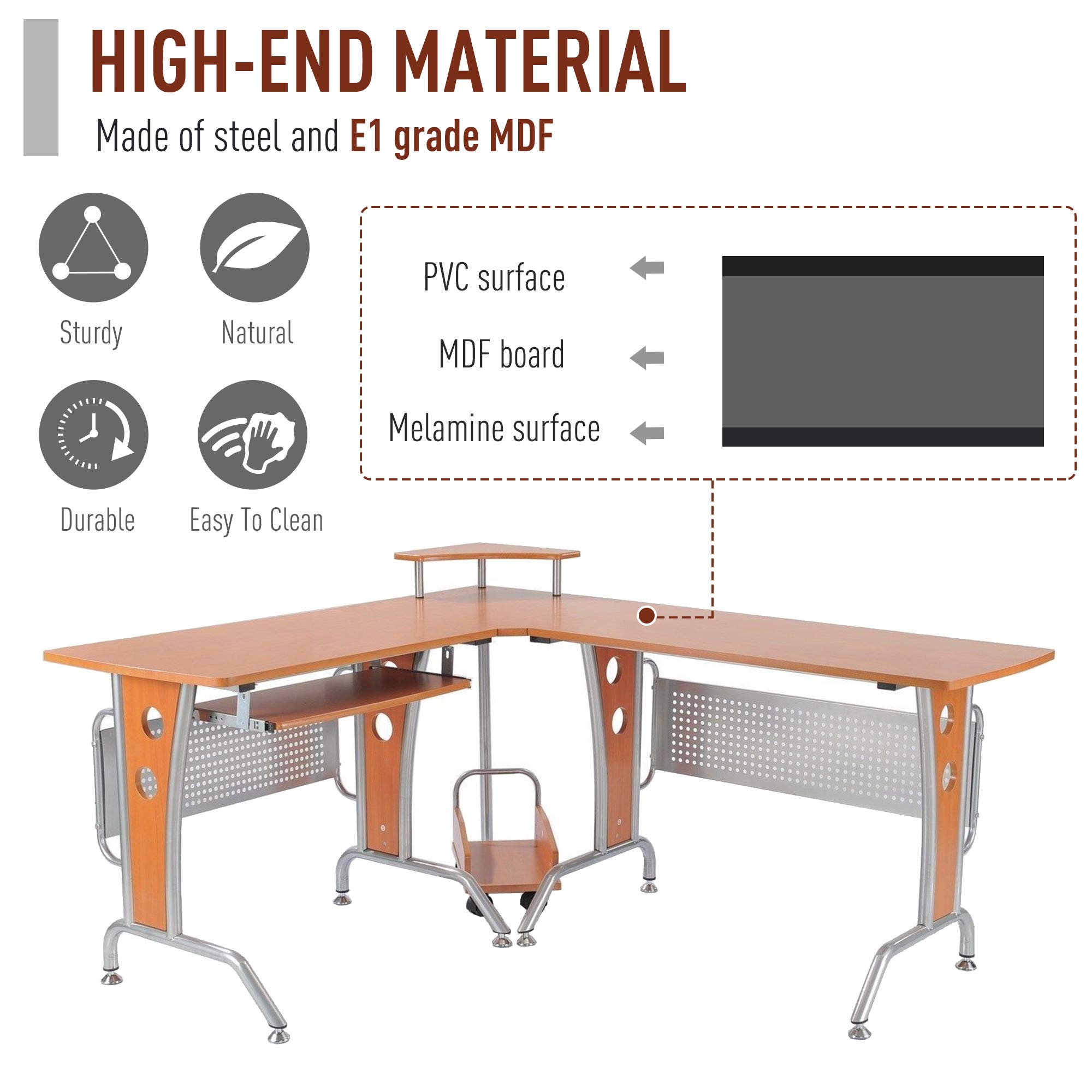 HOMCOM L-Shaped Corner Computer Desk with Elevated Shelf, Rolling Keyboard Tray & CPU Stand - Wood Finish Home Office Workstation for Small Spaces, Gaming & Remote Work