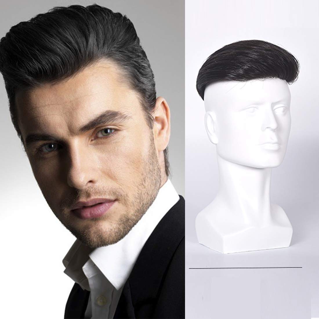 Premium Human Hair Toupee for Men - Natural Black Clip-in Hair Topper (6.3