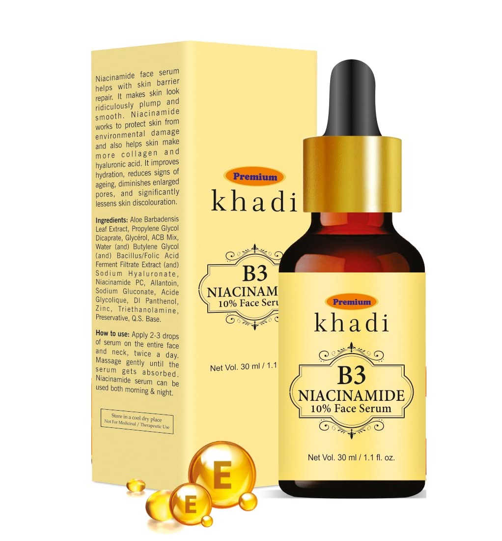 Meribana Khadi B3 Niacinamide 10% Face Serum with Vitamin C, E & Hyaluronic Acid - Brightening & Hydrating Skincare for Dark Spots, Wrinkles & Acne - Aloe Vera & Rosemary Leaf Extract, 30ml - Perfect for Daily Glow Routine & Nighttime Skin Repair