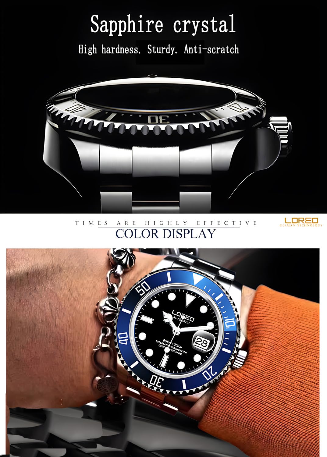 LOREO Men's Automatic Watch - Full Black Stainless Steel, Sapphire Glass, Rotating Bezel, Military Waterproof (200M) - Perfect for Diving, Outdoor Adventures & Everyday Wear