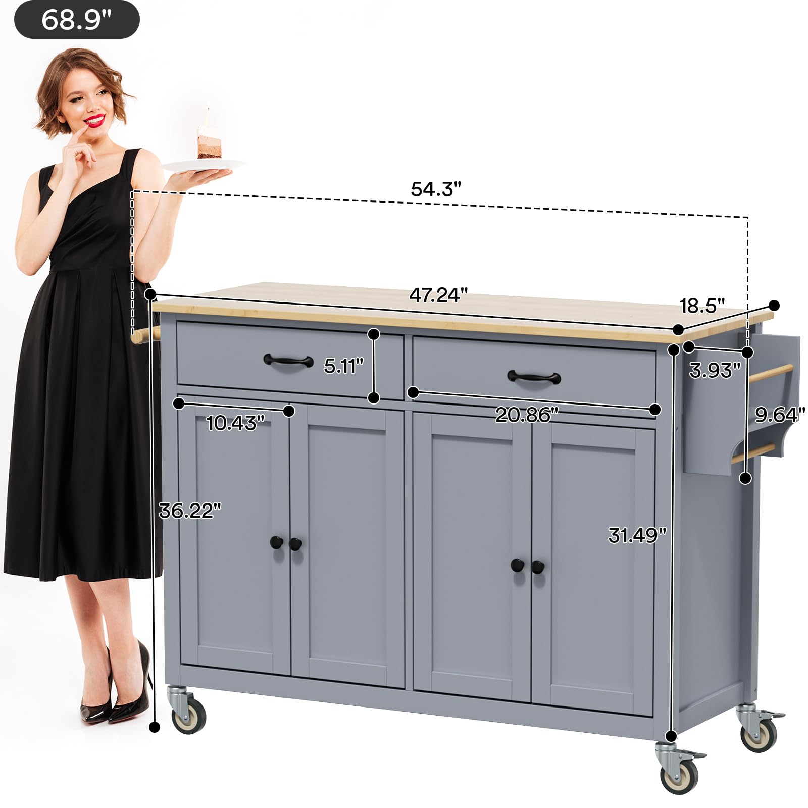 Rovibek 54-Inch Large Kitchen Island on Wheels with Storage, Drawers, Cabinet, Spice Rack & Towel Rack - Mobile Rolling Wood Cart for Kitchen, Dining Room - Perfect for Extra Counter Space, Food Prep & Entertaining