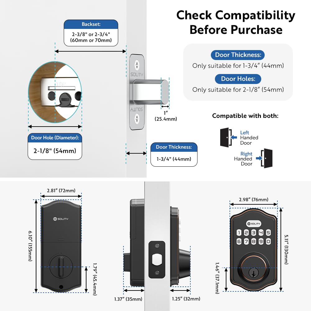 Solity Smart Digital Electric Deadbolt Keypad Lock - Keyless Entry & Auto Lock with 100 Custom Codes - Easy Installation for Exterior Front Entry Doors - Residential Use (Oil Rubbed Bronze) - Perfect for Homes, Apartments & Vacation Rentals