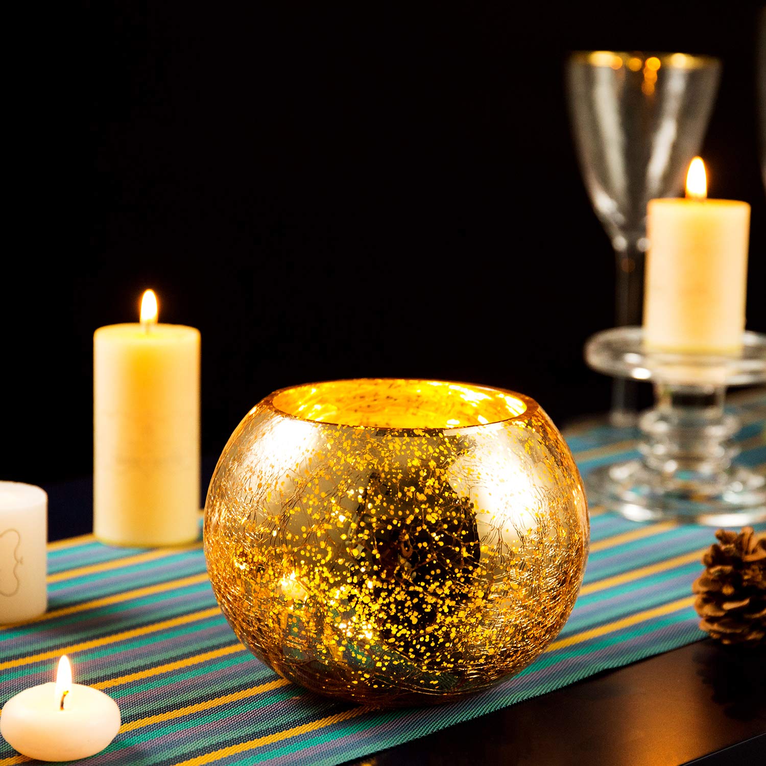 Diamond Star Votive Candle Holders - Mercury Glass Tealight Holders with Ice Cracked Glass Bowl - Elegant Gold Candle Holders for Wedding Centerpieces, Home Decor & Romantic Dinner Tables