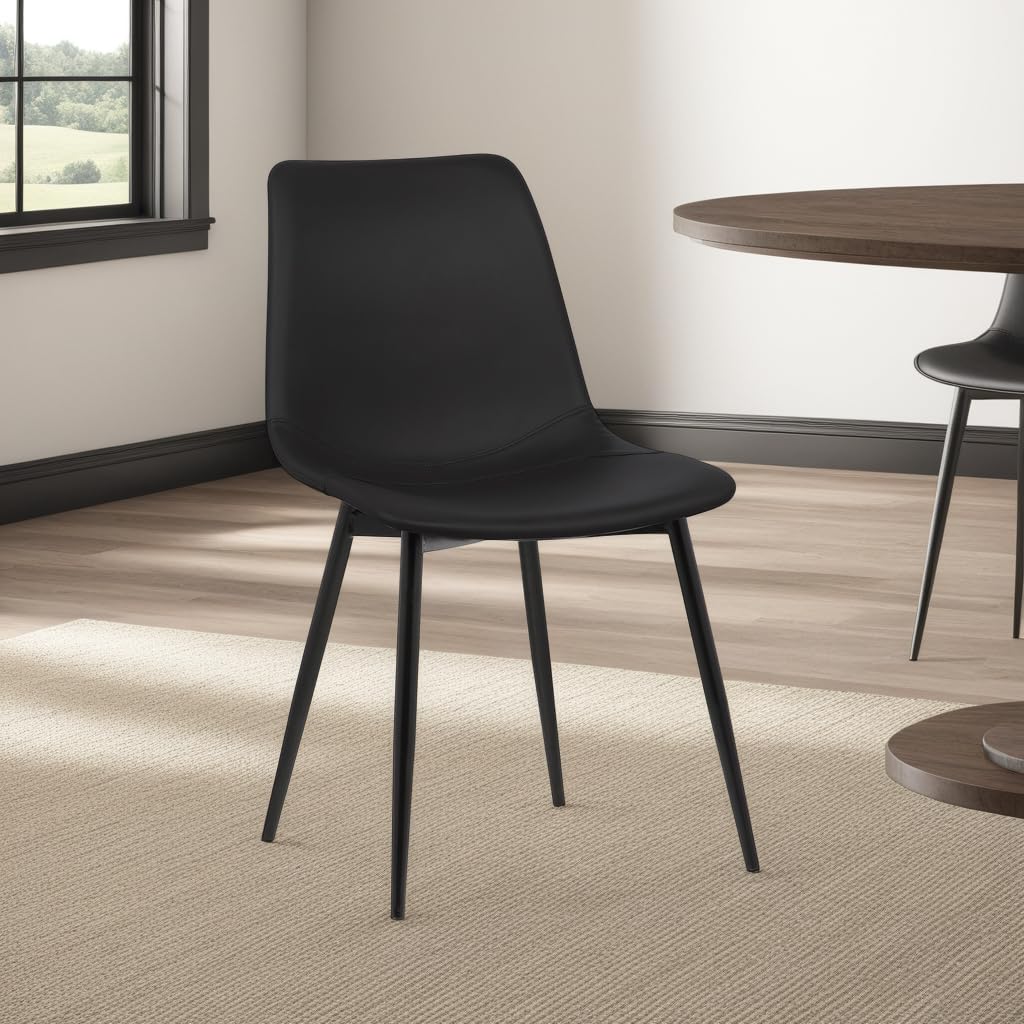 Armen Living Monte Mid Century Modern Dining Chair - Black Faux Leather Upholstery with Black Metal Legs - Perfect for Kitchen, Dining Table, Home Office Desk & Vanity Area