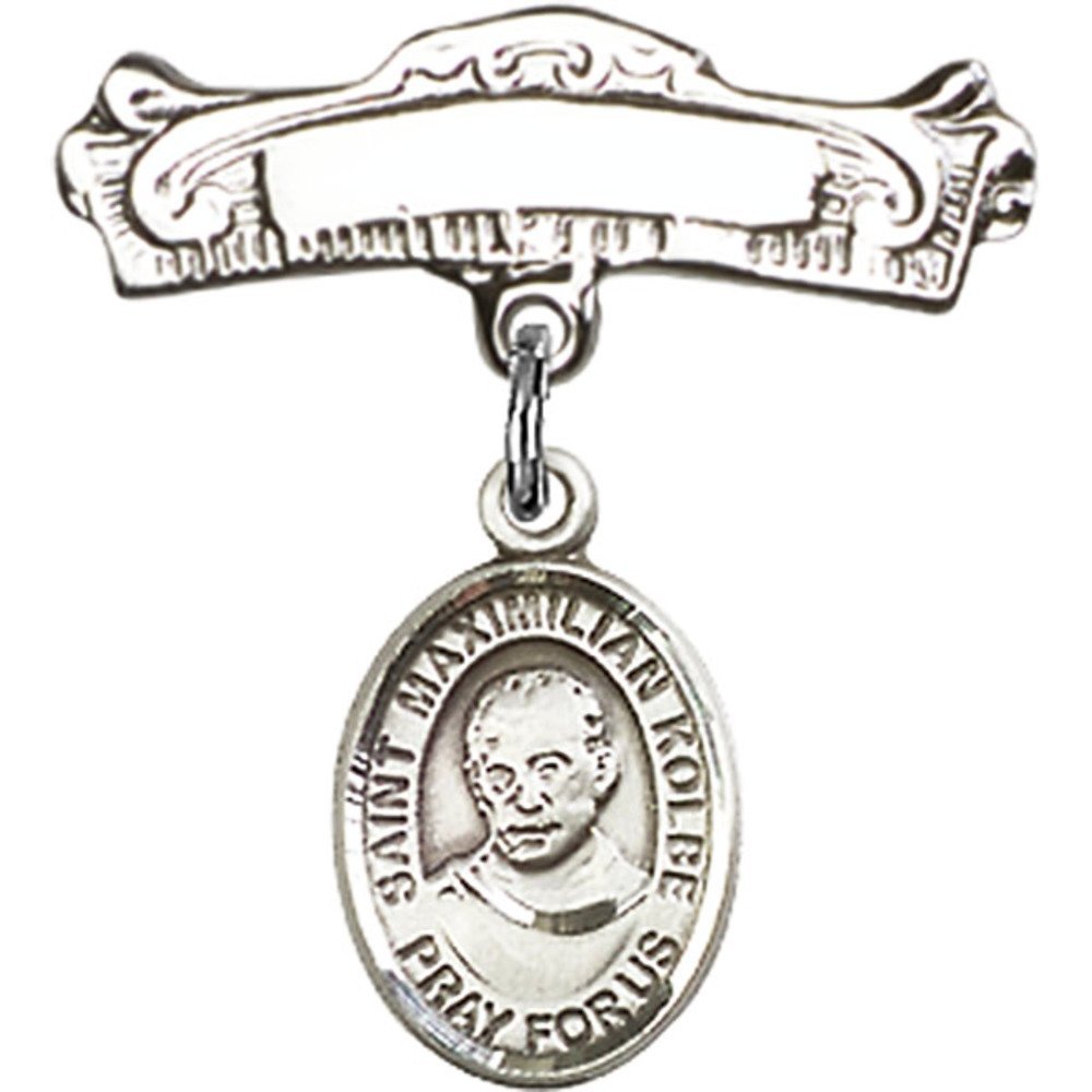 St. Maximilian Kolbe Sterling Silver Baby Badge with Charm - 7/8 X 7/8 Inch Arched Polished Pin - Perfect for Christenings, Baptisms & First Communion Gifts