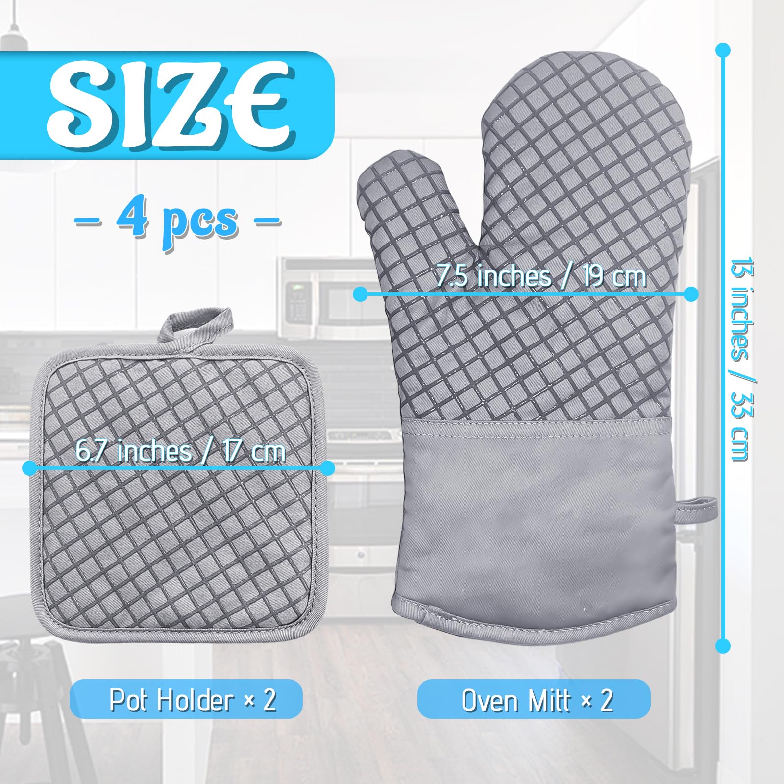 4 Pcs Heat Resistant Oven Mitts & Pot Holders Set - 500°F High Temperature Protection with Non-Slip Silicone Grip, Thickened Long Cotton Kitchen Gloves for Baking, Cooking, Grilling & BBQ (Light Gray) - Perfect for Home Kitchen, Outdoor Camping & Holiday Cooking