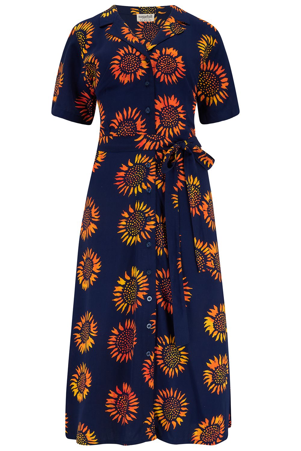 Fiona Batik Midi Shirt Dress - Navy Blue with Sunflower Print | Casual Summer Dress for Women, Beach Cover Up, Boho Chic Outfit