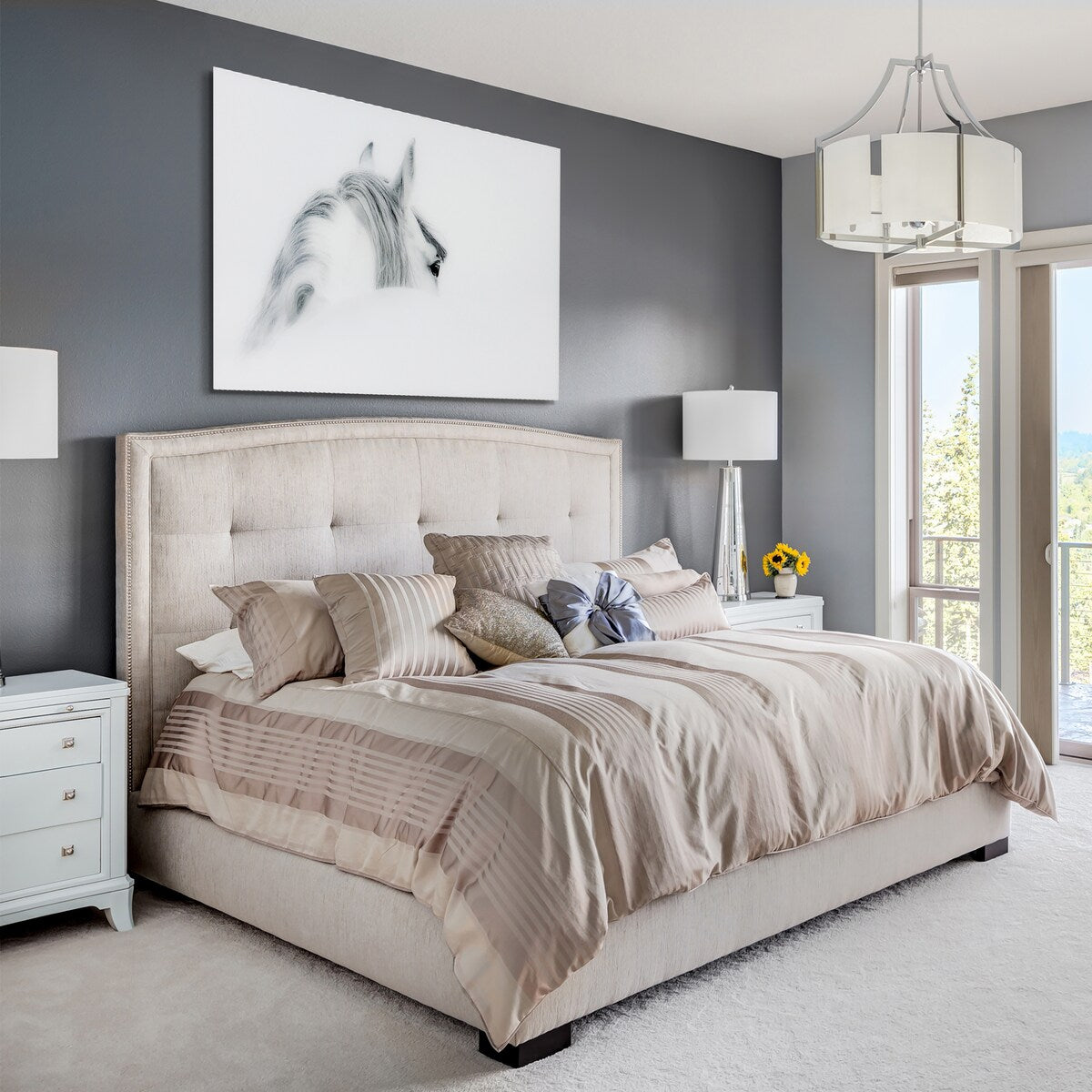 Blanco Mare Horse Frameless Floating Tempered Glass Wall Art - Modern Home & Office Decor for Living Room, Bedroom, or Office Spaces