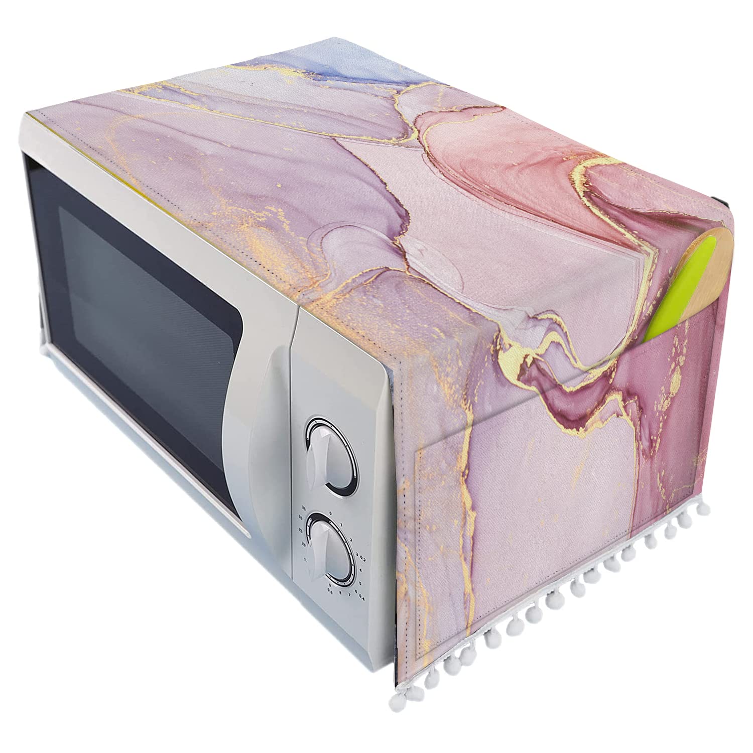 Microwave Oven Cover Dustproof Linen Protector with Side Pockets - 11.8x35.4 Inches Pink Marble Pattern Decorative Kitchen Appliance Cover - Perfect for Home, Office & Dorm Use to Keep Your Microwave Clean & Stylish