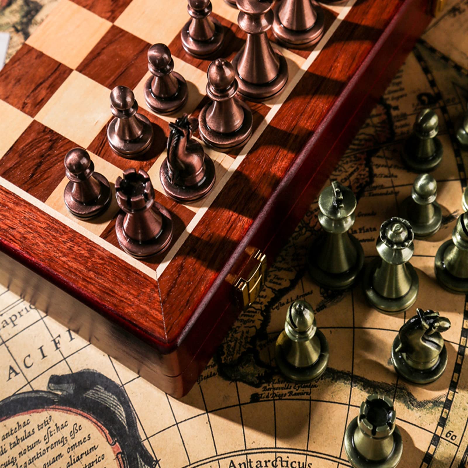 12 Inch Folding Wooden Chess Set with Classic Handmade Metal Pieces - Portable Travel Chess Board Game for Adults & Kids - Perfect for Home, Office, Travel and Gifts