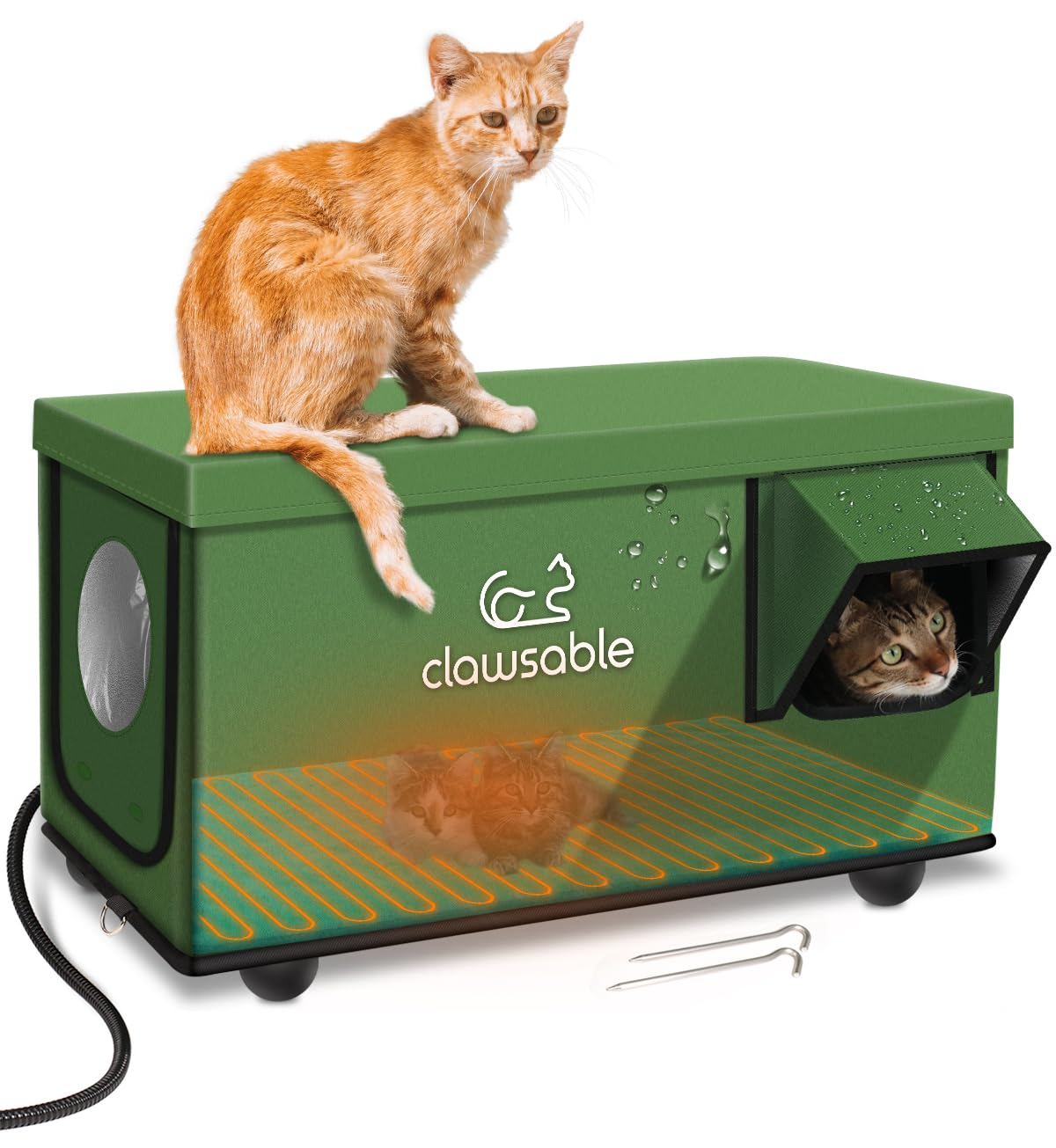 Clawsable Indestructible Heated Cat House for Outdoor Cats - Waterproof, Insulated Shelter with Escape Door & Heating Pad - Easy Assembly for Winter Protection (Bush Green, Large) - Perfect for Feral Cats, Strays & Outdoor Pets in Cold Weather
