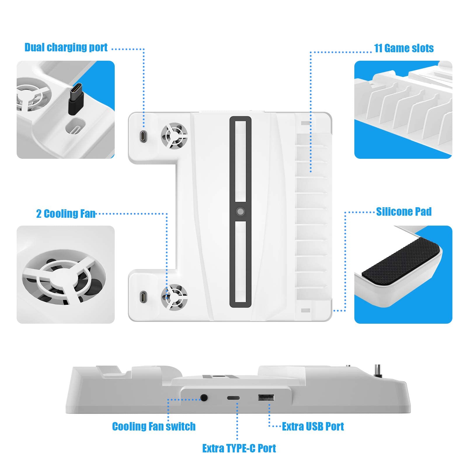 HEATFUN PS5 White Charging Station with Cooling Fans - Fast Charging Dock, 3-Speed Adjustable Cooling, 12-Game Storage Rack - Perfect for PS5 Gaming Setup & Console Organization