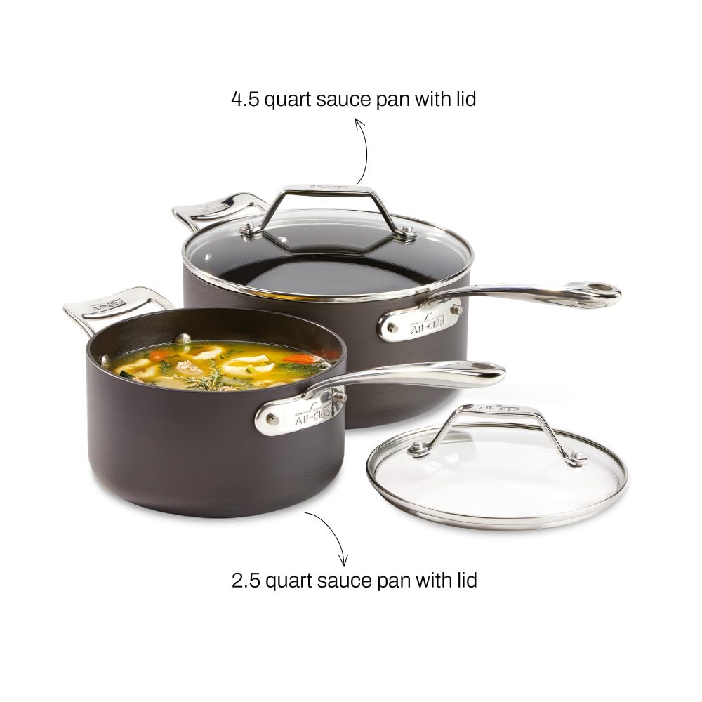 All-Clad Essentials Hard Anodized Nonstick Sauce Pan Set - 4 Piece (2.5 & 4 Quart) Oven & Broiler Safe Cookware up to 500°F - Black Nonstick Pots & Pans for Sauteing, Simmering & Everyday Cooking