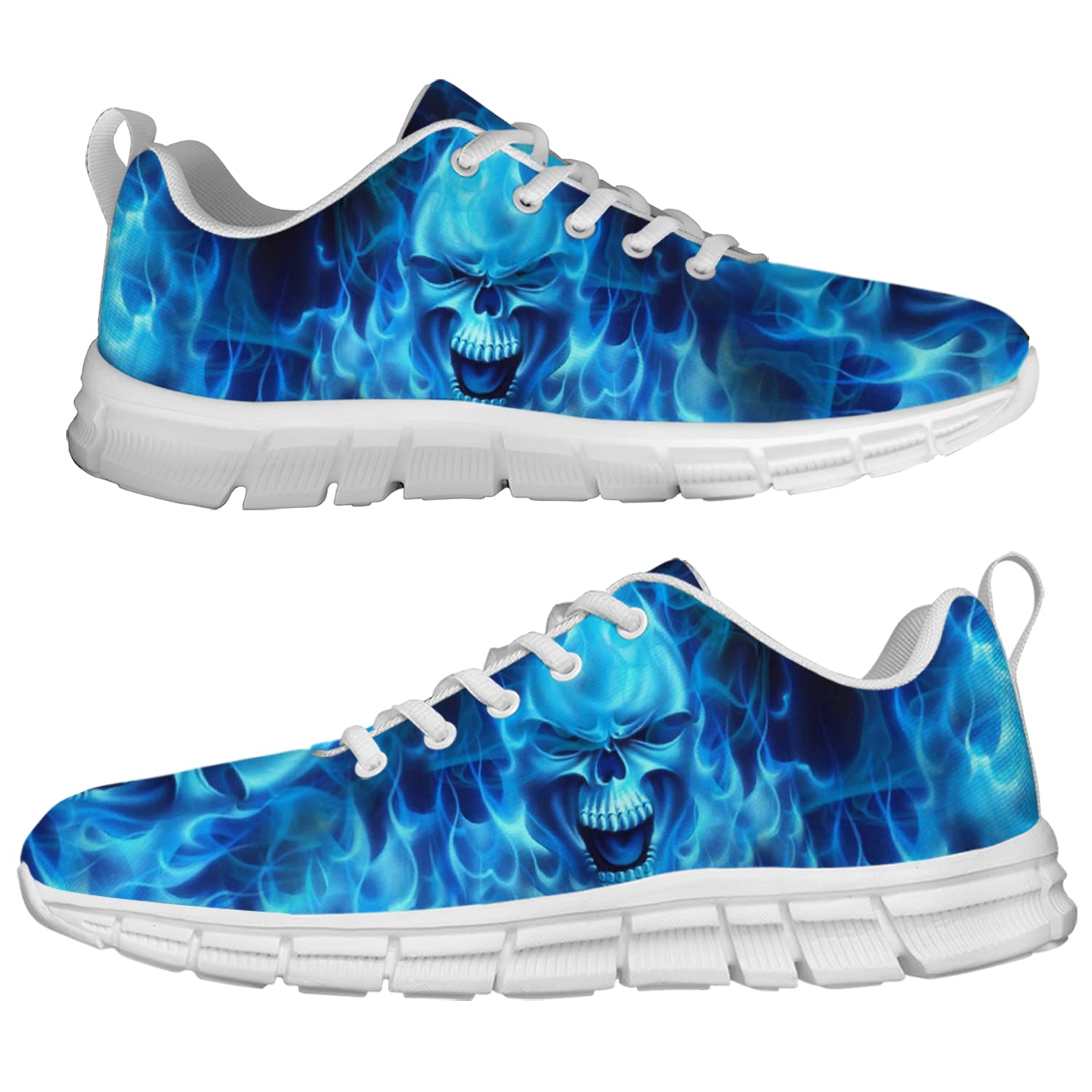 **Blue Skull Sneakers for Men & Women - Running, Tennis, Walking Shoes with Flaming Design - Perfect for Parties & Gifts - Size 10 Women/8.5 Men - Ideal for Casual Wear, Gym & Outdoor Activities**