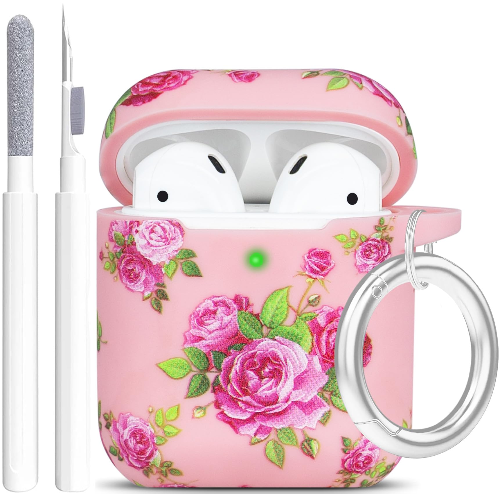 Soft Silicone Flower AirPods Case Cover for Apple AirPods 1 & 2 - Cute Protective Skin with Keychain for Girls & Women (Pink Red Flower) | Perfect for Daily Use, Travel & Gift Giving