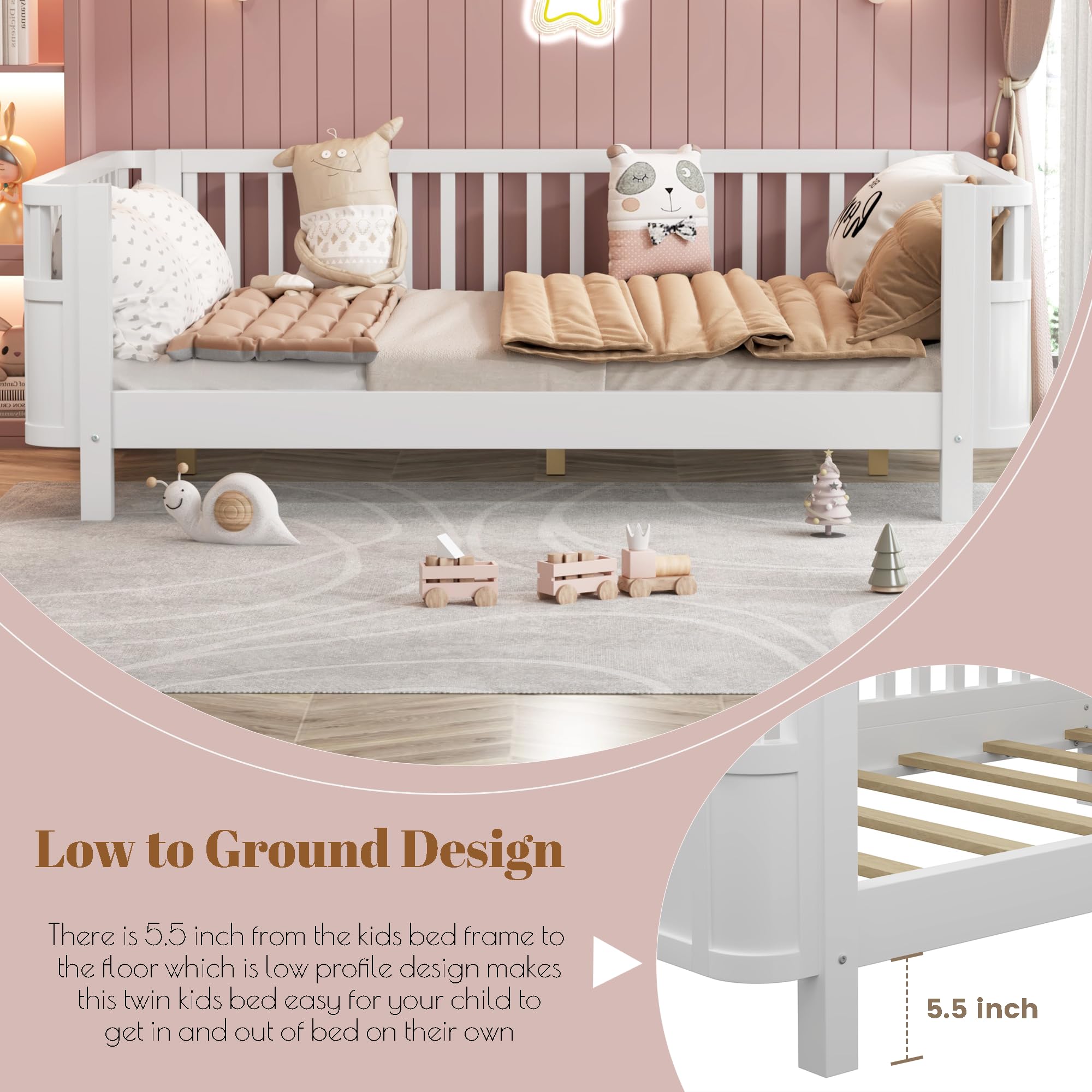 Montessori Full Size Bed with Guardrails - Solid Wood Kids Bed Frame with Slats Support - Low Profile Modern Toddler Bed with Removable Side Rails for Boys & Girls - Perfect for Bedroom, Nursery or Playroom - White