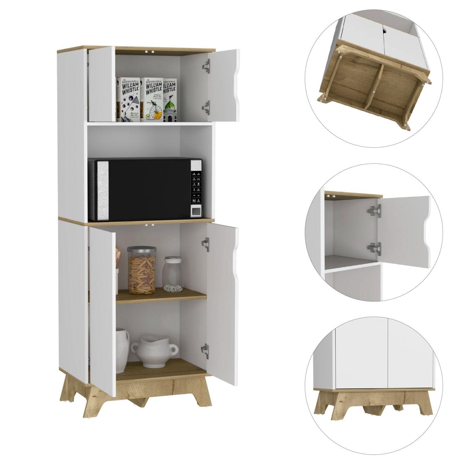 Dahoon Double Door Microwave Pantry Cabinet in Light Oak & White - Perfect for Kitchen Storage & Organization
