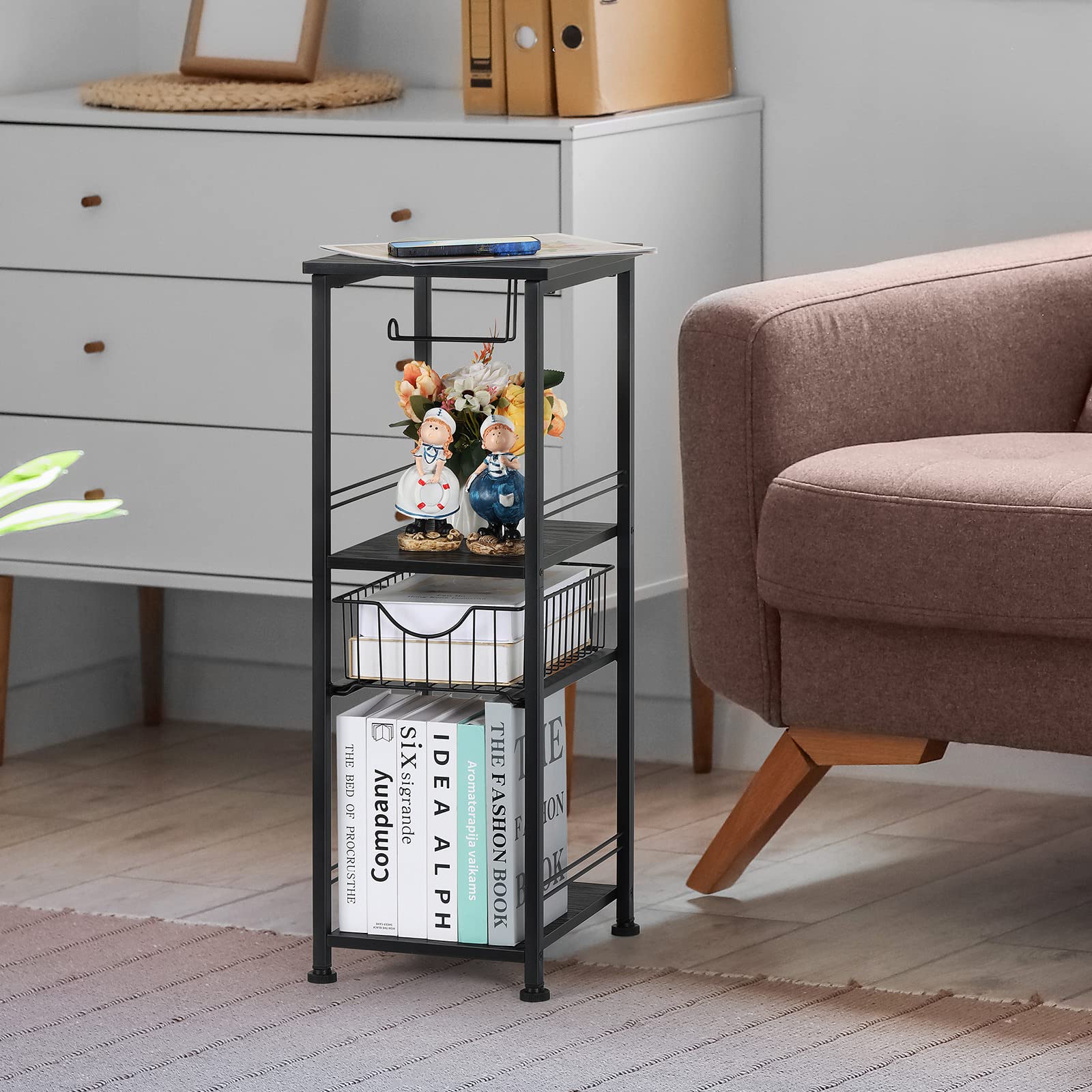 OYEAL Black Narrow Bathroom Storage Cabinet with Drawer - Toilet Paper Organizer, Towel Shelf for Small Spaces - Perfect for Bathroom, Laundry Room & Kitchen Pantry Organization (Black)