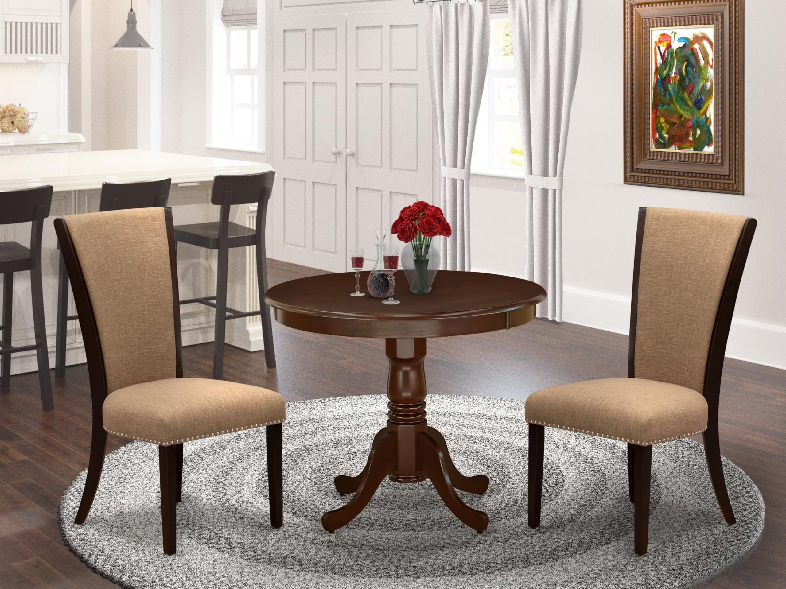 East West Furniture ANVE3-MAH-47 3-Piece Round Dining Table Set with Pedestal Base & 2 Linen Fabric Parson Chairs - 36x36 Inch, Linen White - Perfect for Small Spaces, Apartments, and Cozy Kitchens