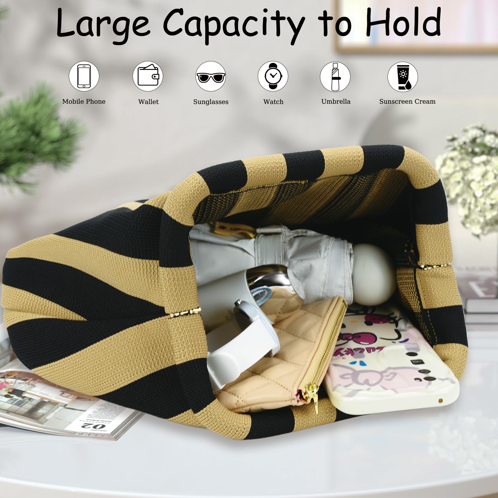WOZEAH Summer Clutch Purse for Women - Crochet Dumpling Bag with Colorblock Stripes & Cloud Design | Perfect for Beach, Vacation & Casual Outings