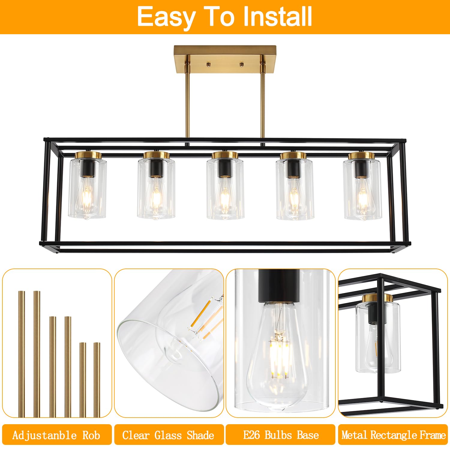 36 Inch Modern Farmhouse Pendant Light - Adjustable Height Industrial Chandelier with Glass Shade for Kitchen Island & Dining Room Lighting | Perfect for Farmhouse, Industrial & Contemporary Home Decor