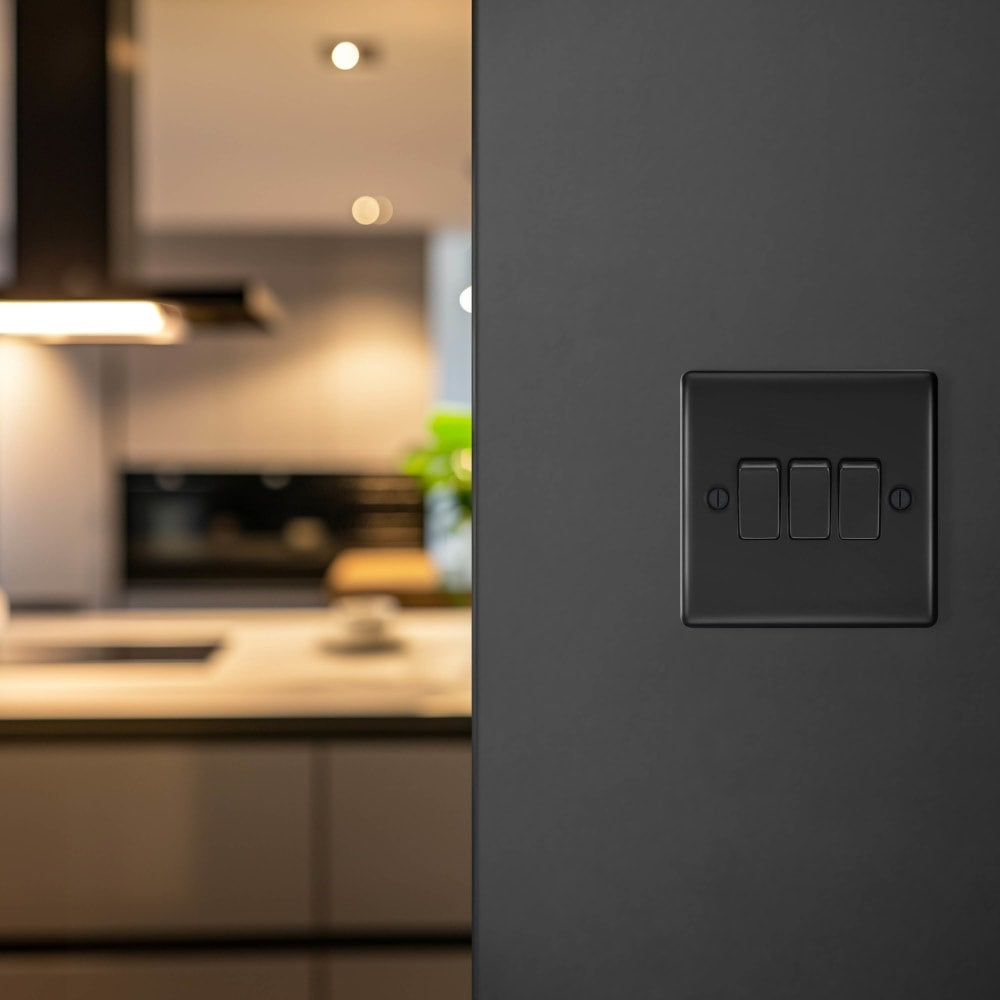 BG Nexus Metal Matt Black 3G 2W Light Switch NFB43 - Modern Electrical Switch for Home & Office - Perfect for Living Rooms, Bedrooms, and Commercial Spaces