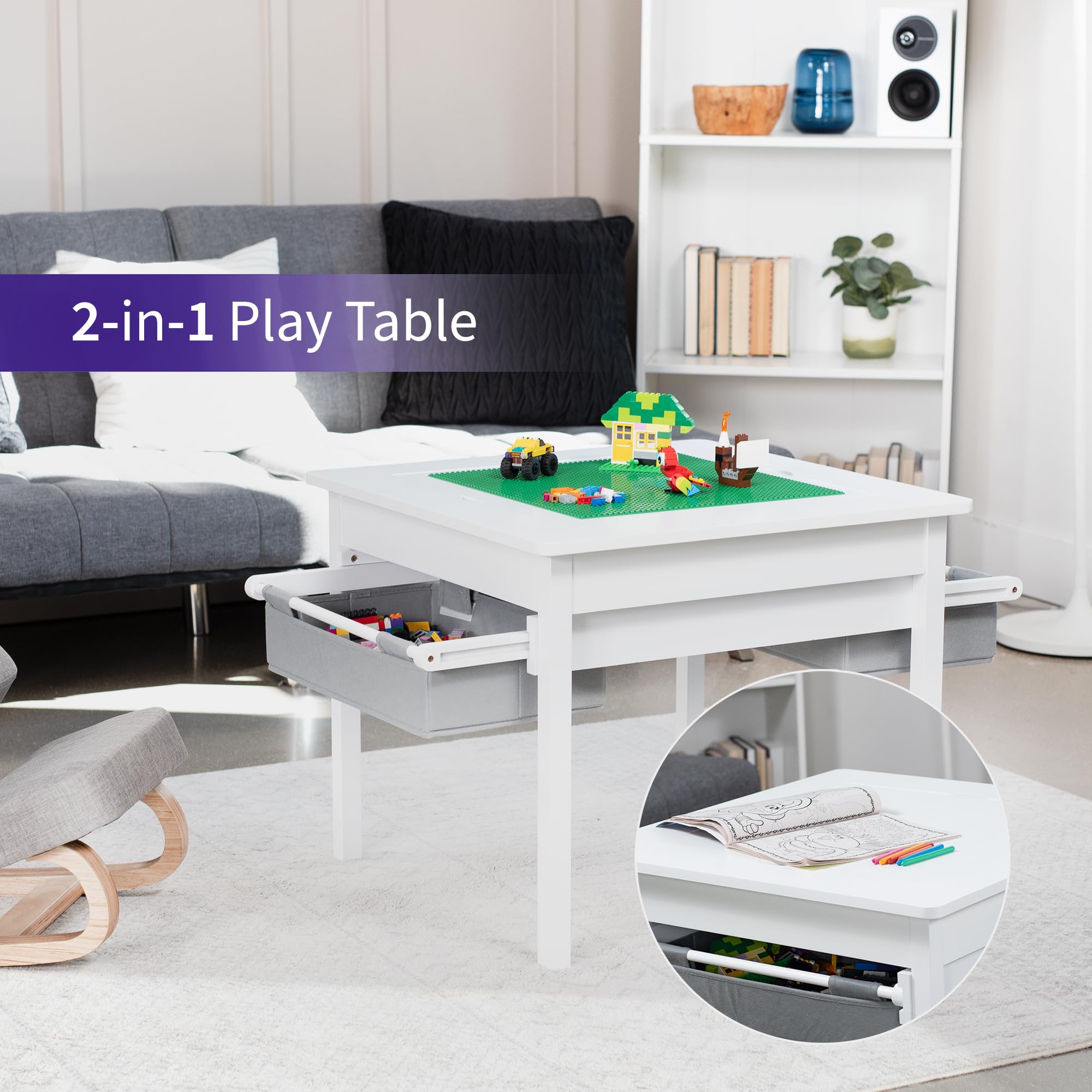 2-in-1 Kids Construction Play Table for Lego & Building Bricks - Reversible Table Top with Interlocking Surface, Storage Drawers, White (LF-LTB01) - Perfect for Creative Play, STEM Learning & Toddler Playroom Organization