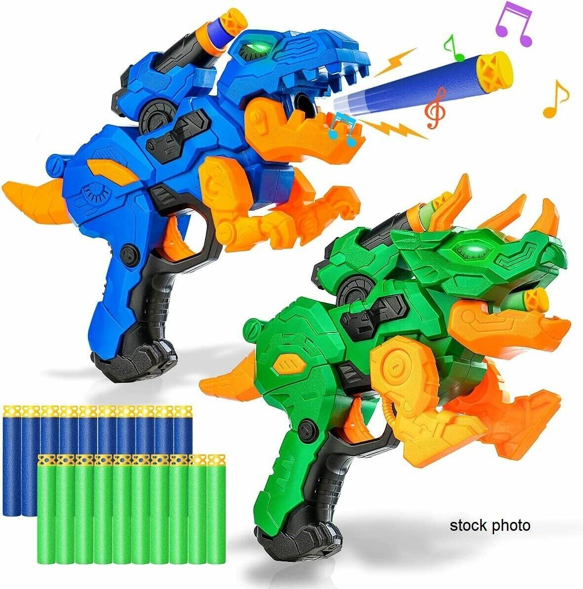 2 Pack Dinosaur Blaster Guns with 20 Foam Darts - Kids Outdoor Toy for Backyard Battles & Nerf War Games