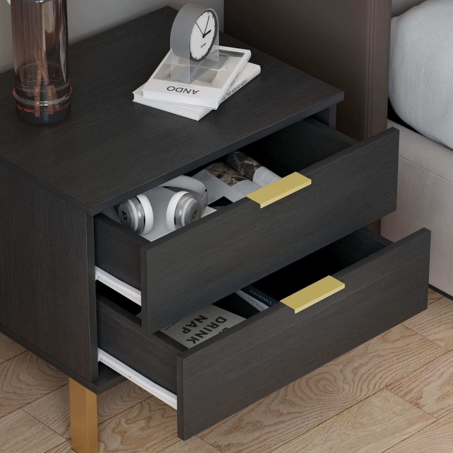 Hitow 2-Drawer Black Nightstand with Golden Metal Legs - Modern Bedside Table & End Table for Bedroom, Living Room - Compact Storage Solution (Set of 2, 19.7
