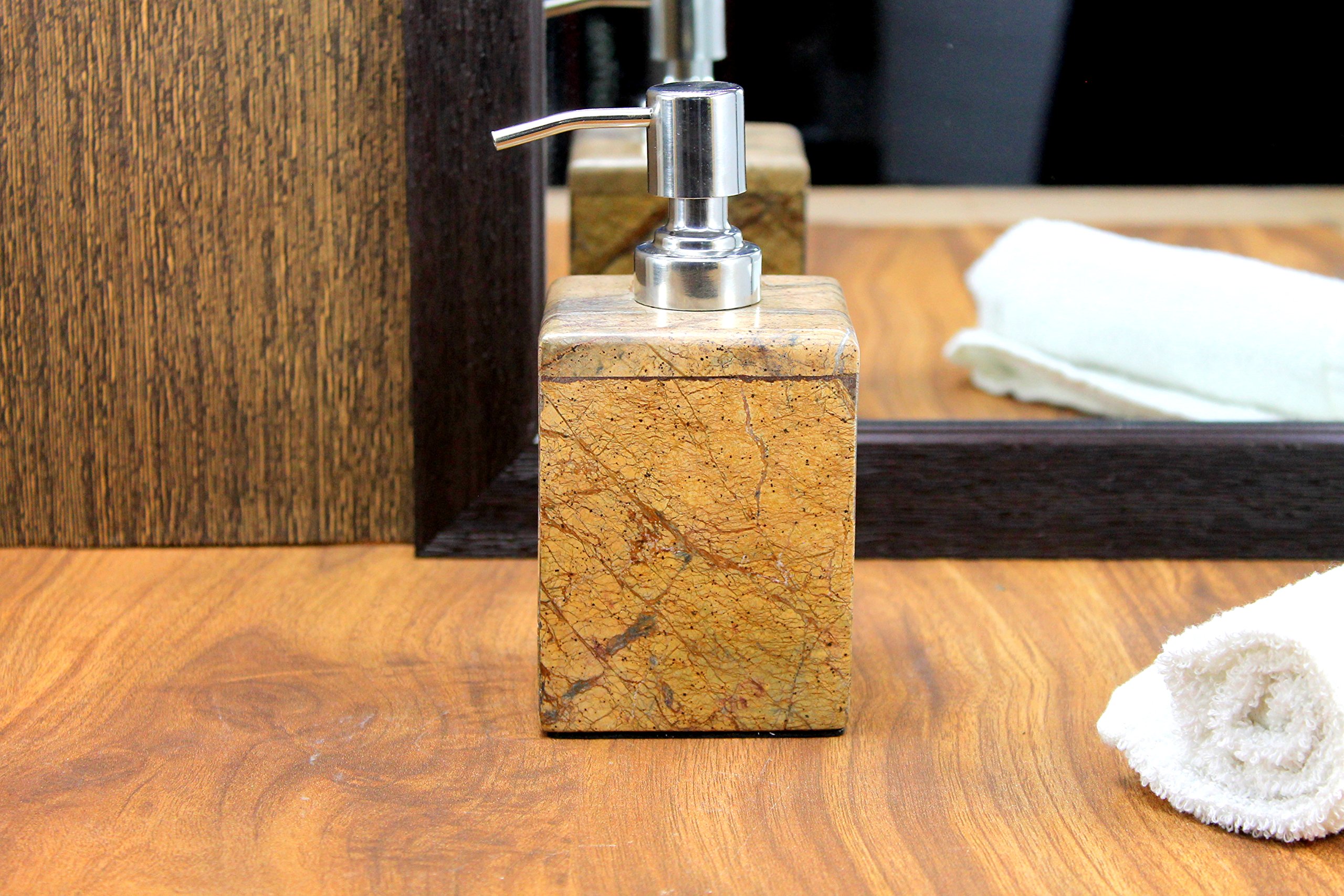 Natural Stone Soap Dispenser & Lotion Dispenser - Brown, Green, Black, White Bathroom Accessories Set (Square Brown) for Spa, Luxury Bathroom & Home Decor